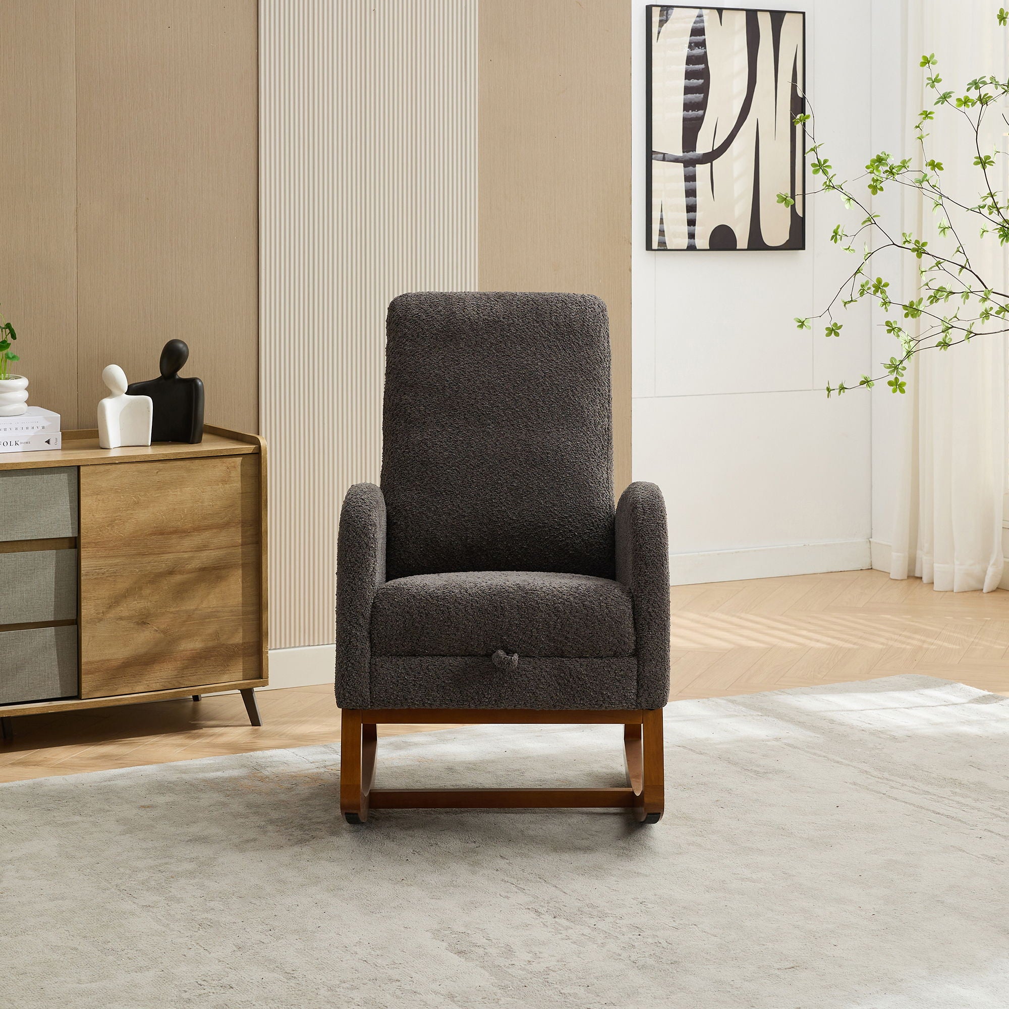 Rocking High Back Glider Chair With Retractable Footrest, Side Pocket