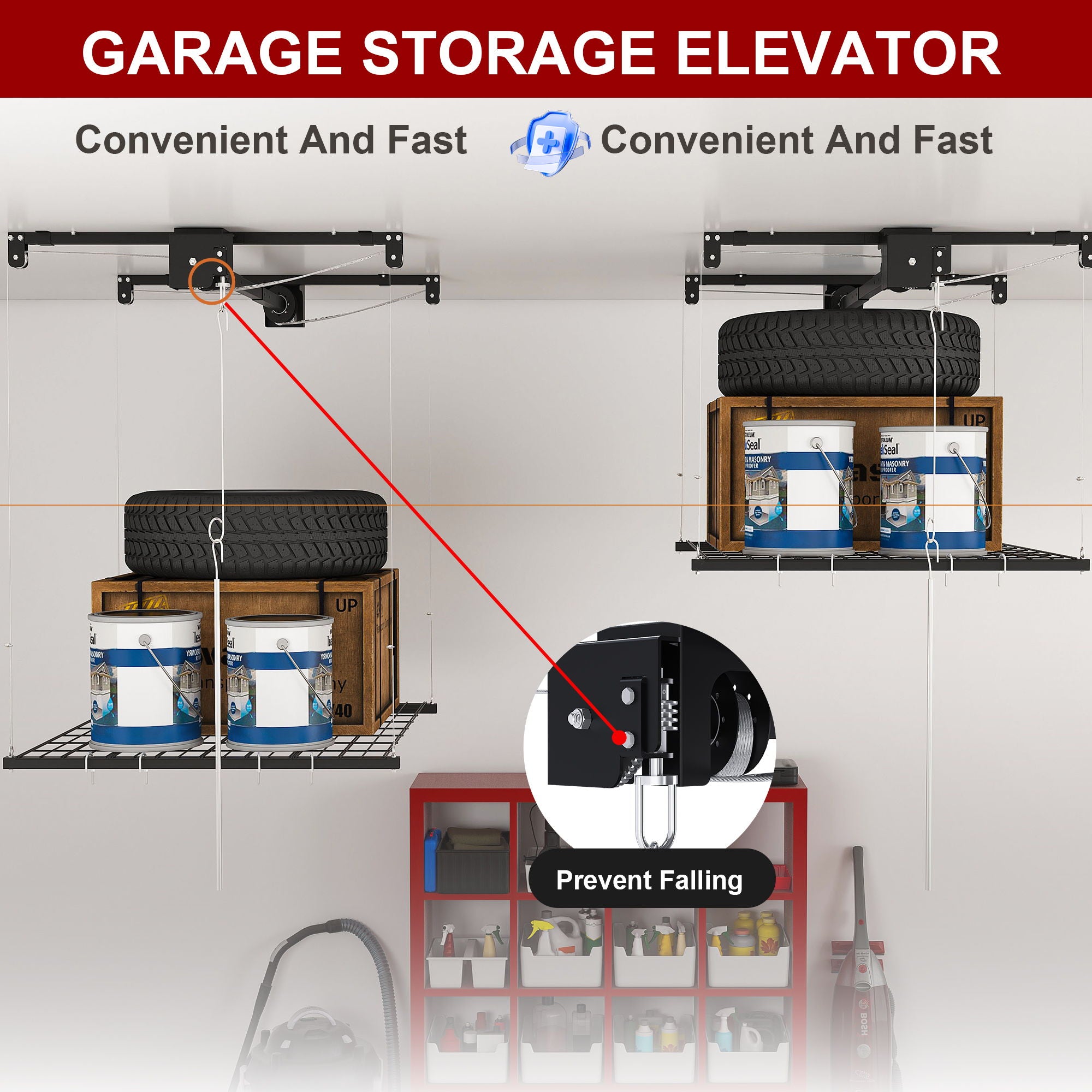 Overhead Garage Storage Rack 4 X 4 Ft For High Ceilings, With Safety Lock - Black