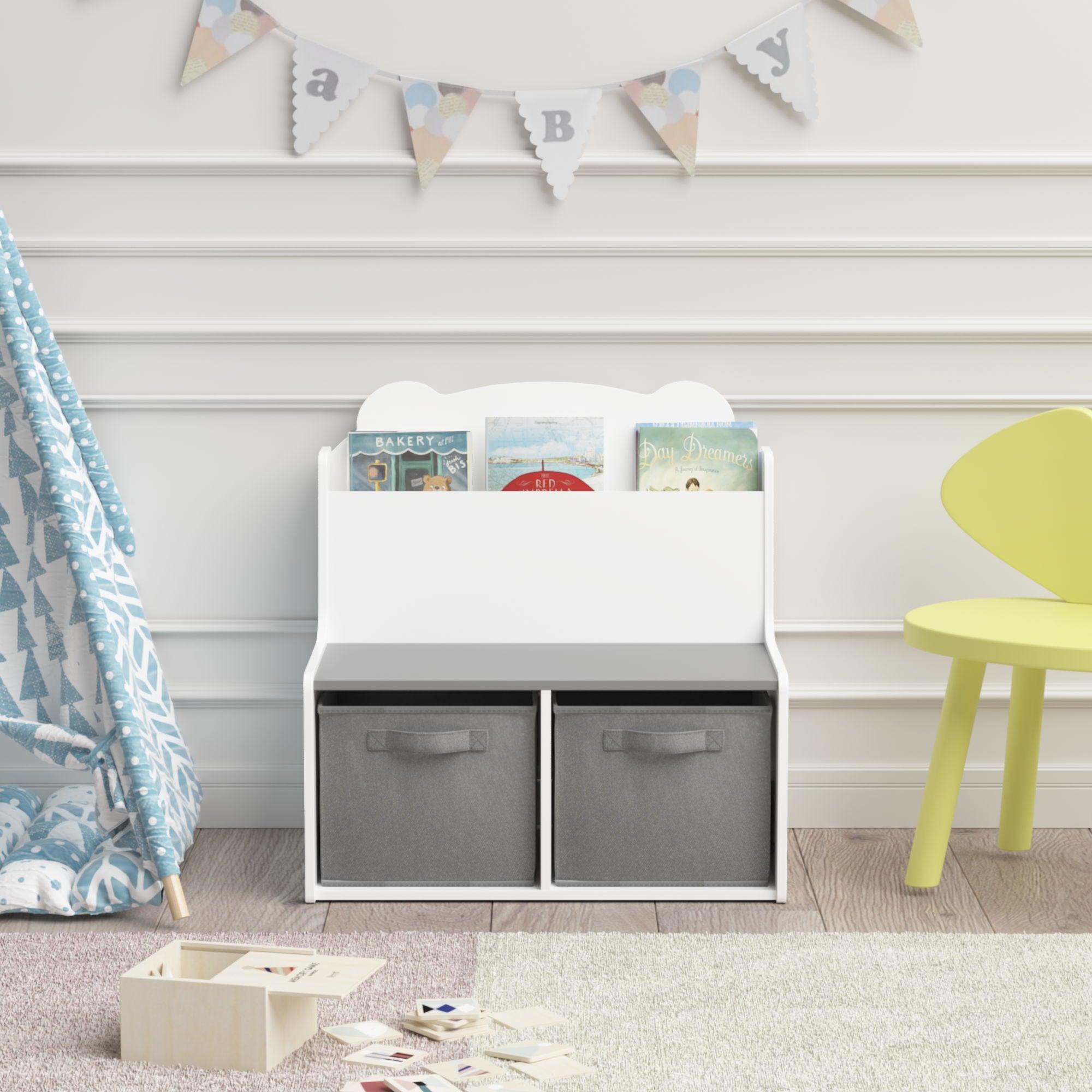 Bookshelf With Storage Bins, Bookcase With Book Display Shelf And 2 Bins, Cute Bear Shaped Backboard, Toy Organizer - White