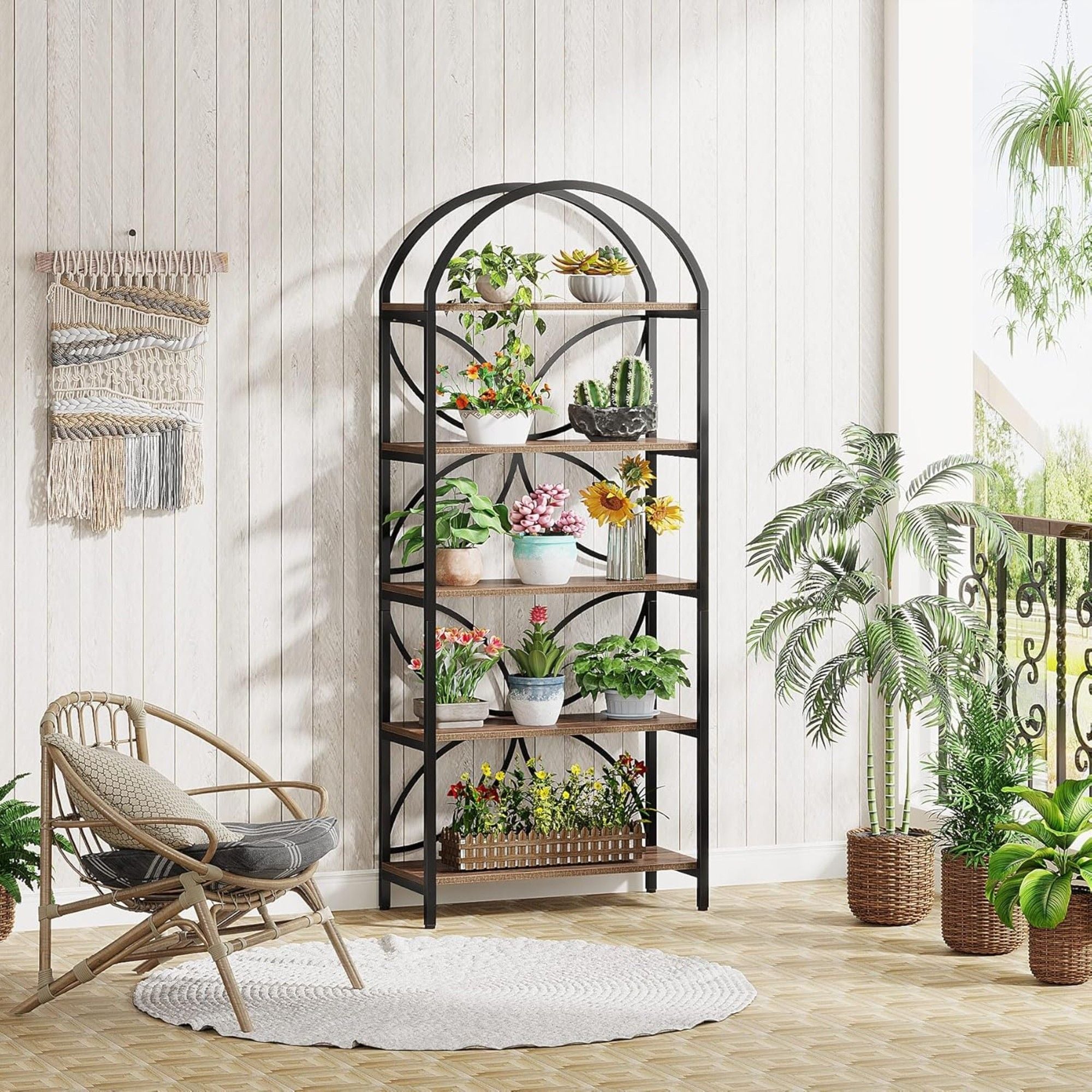 Tall 5 Tier Arched Bookshelf With Shelves For Living Room - Rustic Brown
