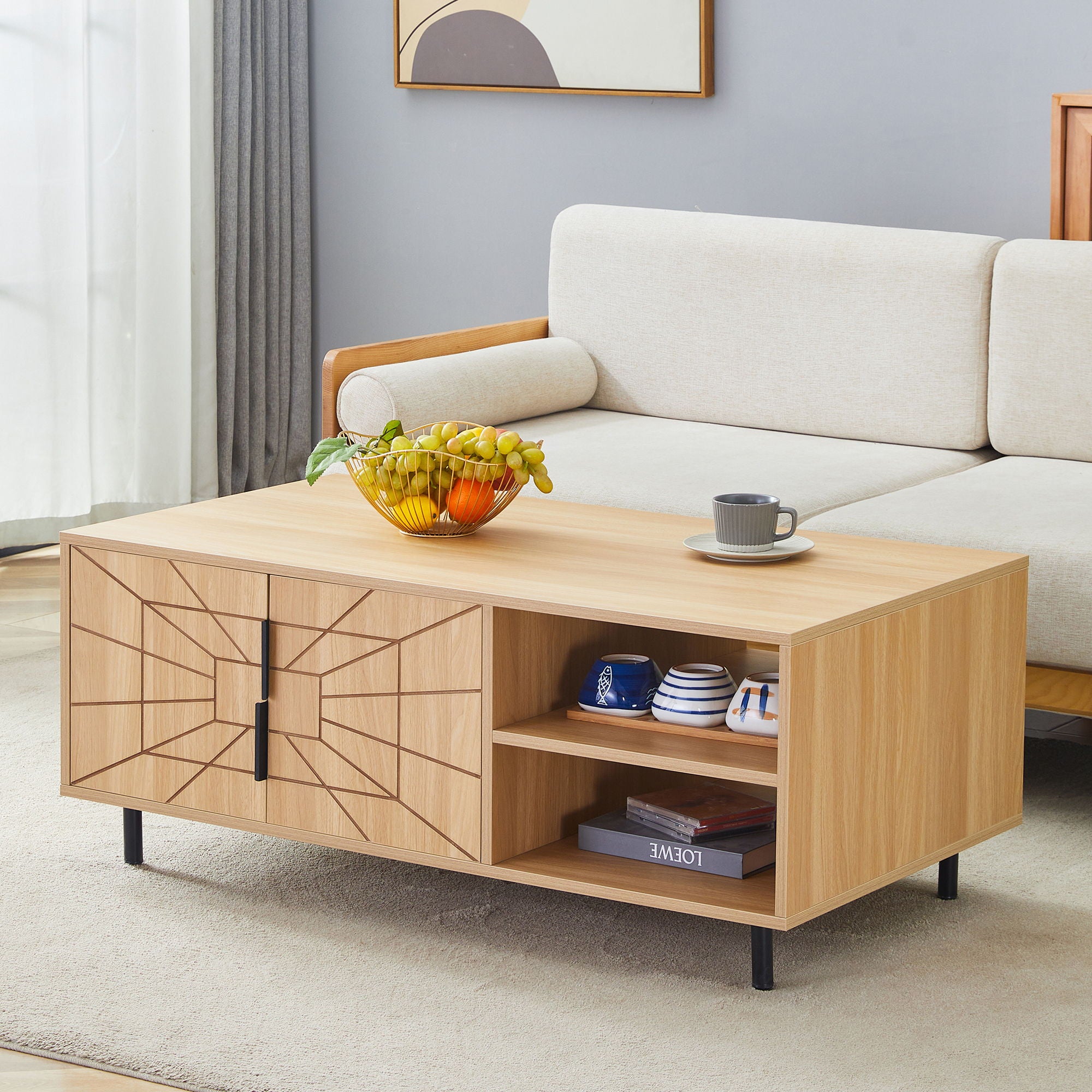 Spider- Web Textured Modern Coffee Table Geometric Art And Practical Design - Natural Wood