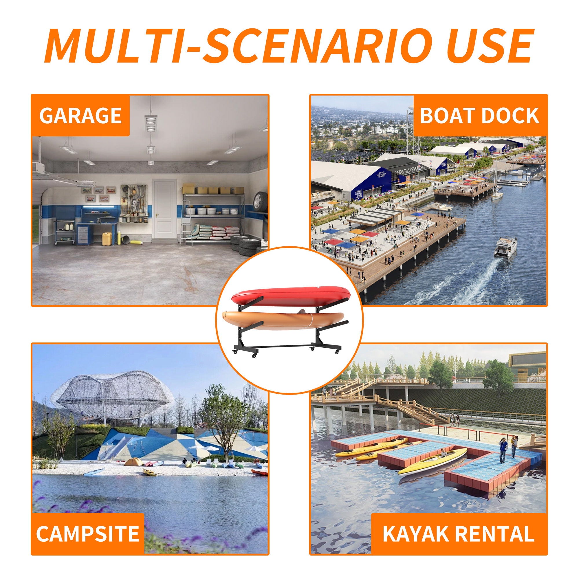 Freestanding Kayak Storage Rack With Lockable Wheels For Kayak, Canoe, Sup & Surfboard