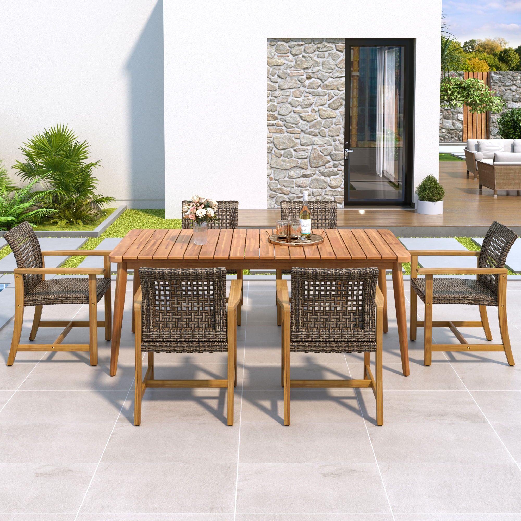 7 Piece Patio Dining Set, Slatted Table & 6 Chairs For Patio Garden - Mocha / Teak
