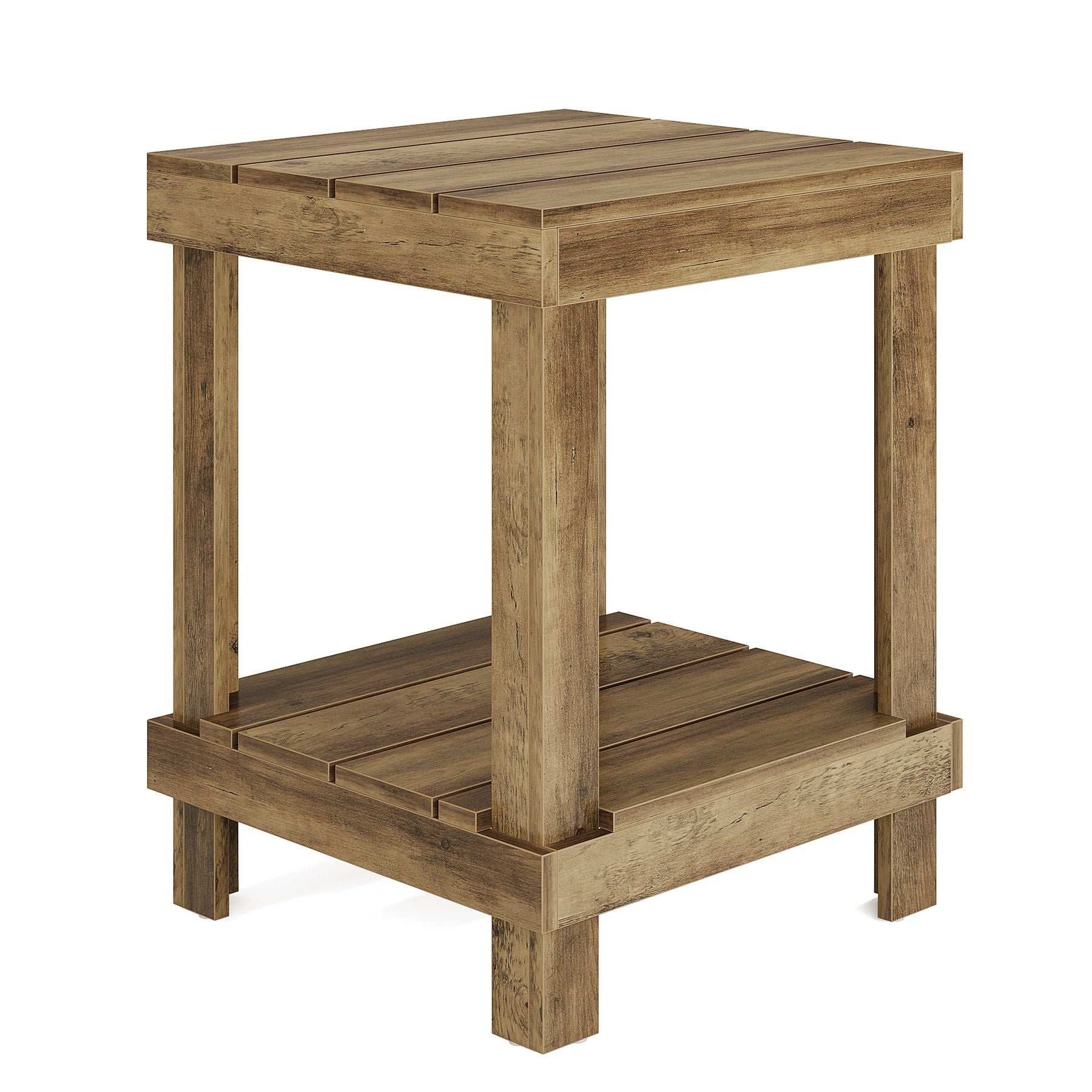 2 Tier End Table With Open Shelves, Compact Square Side Table For Living Room - Natural Wood
