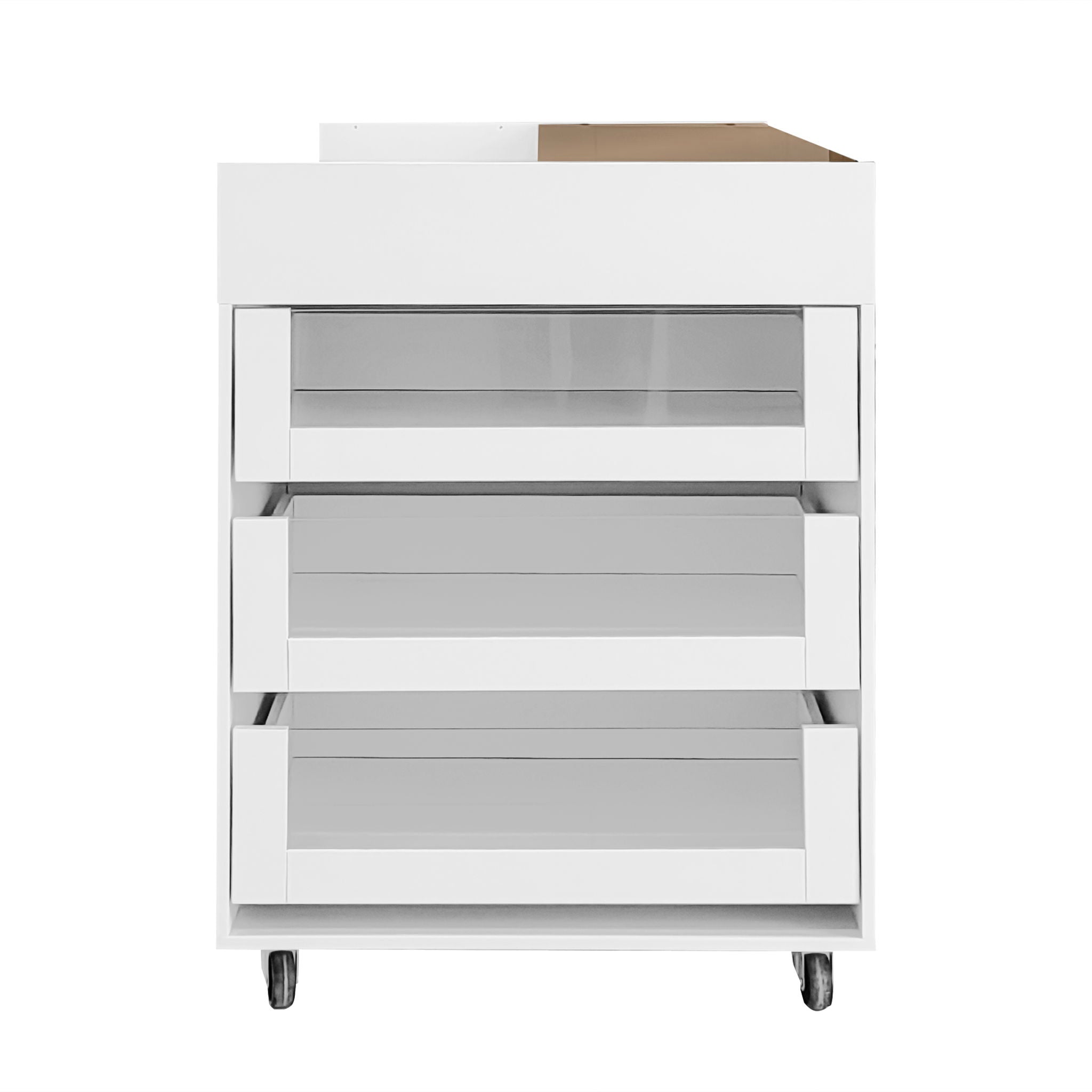 Multi-Functional Storage Island Movable Storage Cabinet Island Vanity Dresser With 3 Side Storage Drawer, A Reversible Top Storage Space And 2 Glass Display Shelves - White
