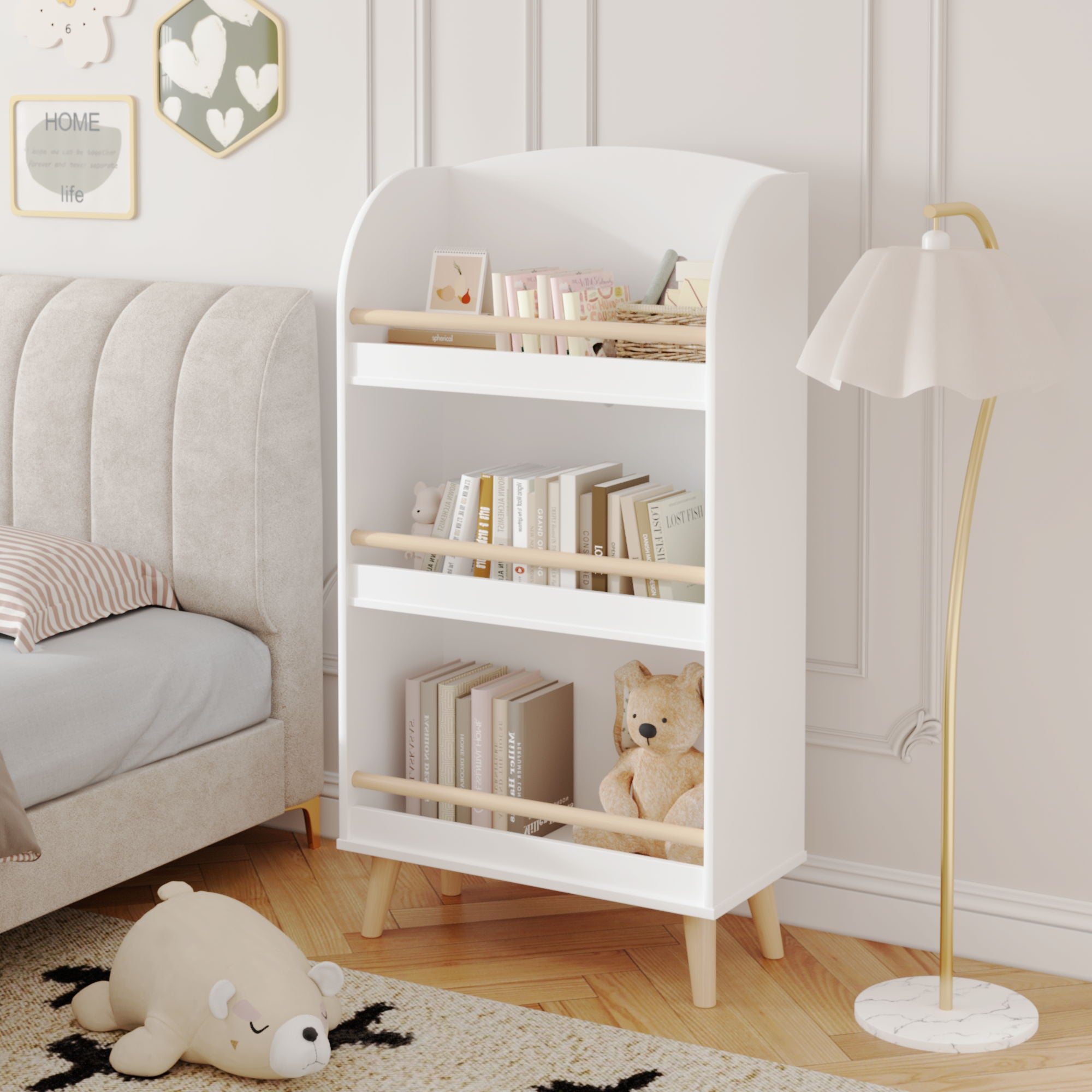 Bookshelf 3 Tier Book Organizer With Toy Storage - White