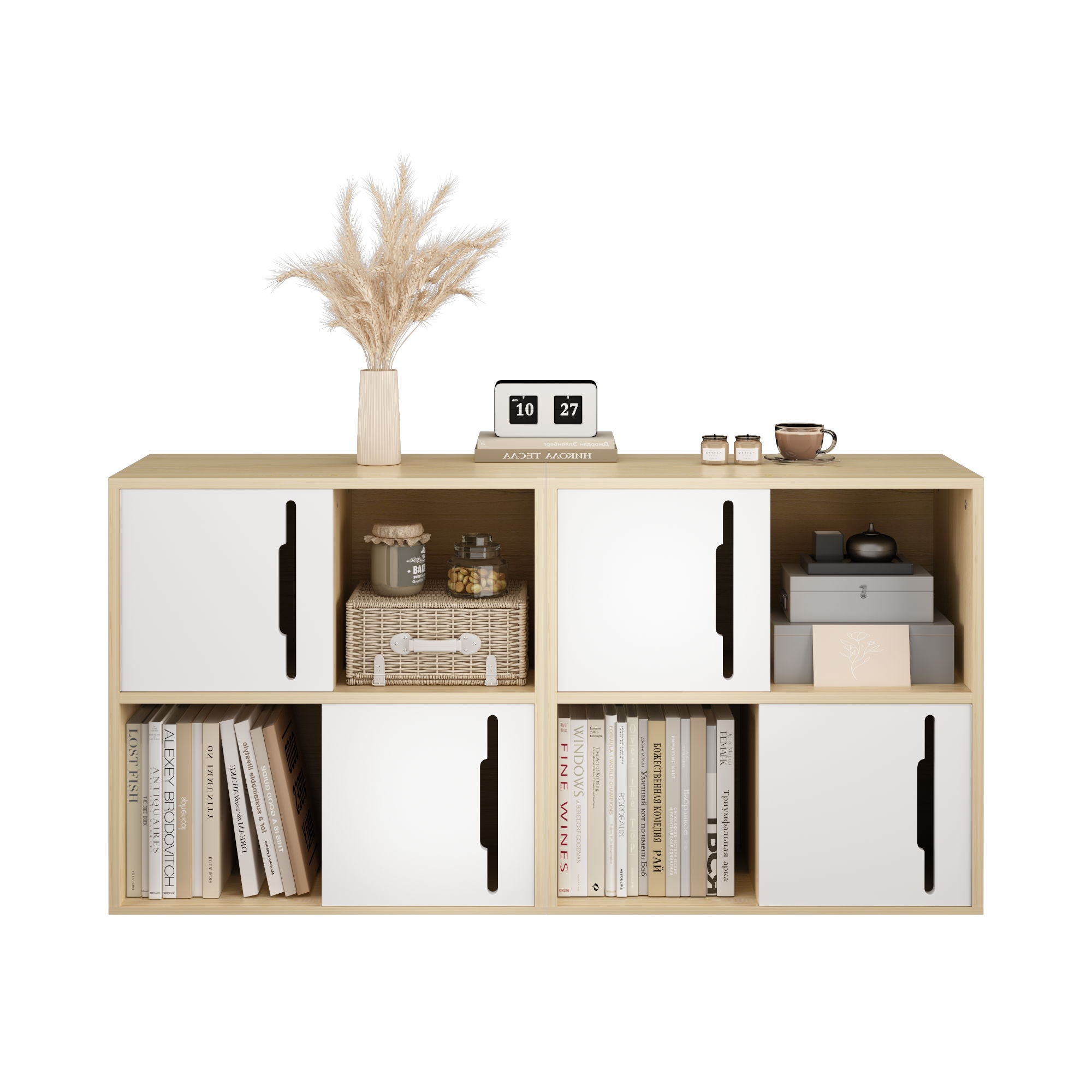 Storage Cabinet With Sliding Doors, 2 Tier Open And Closed Shelves Organizer - Natural / White