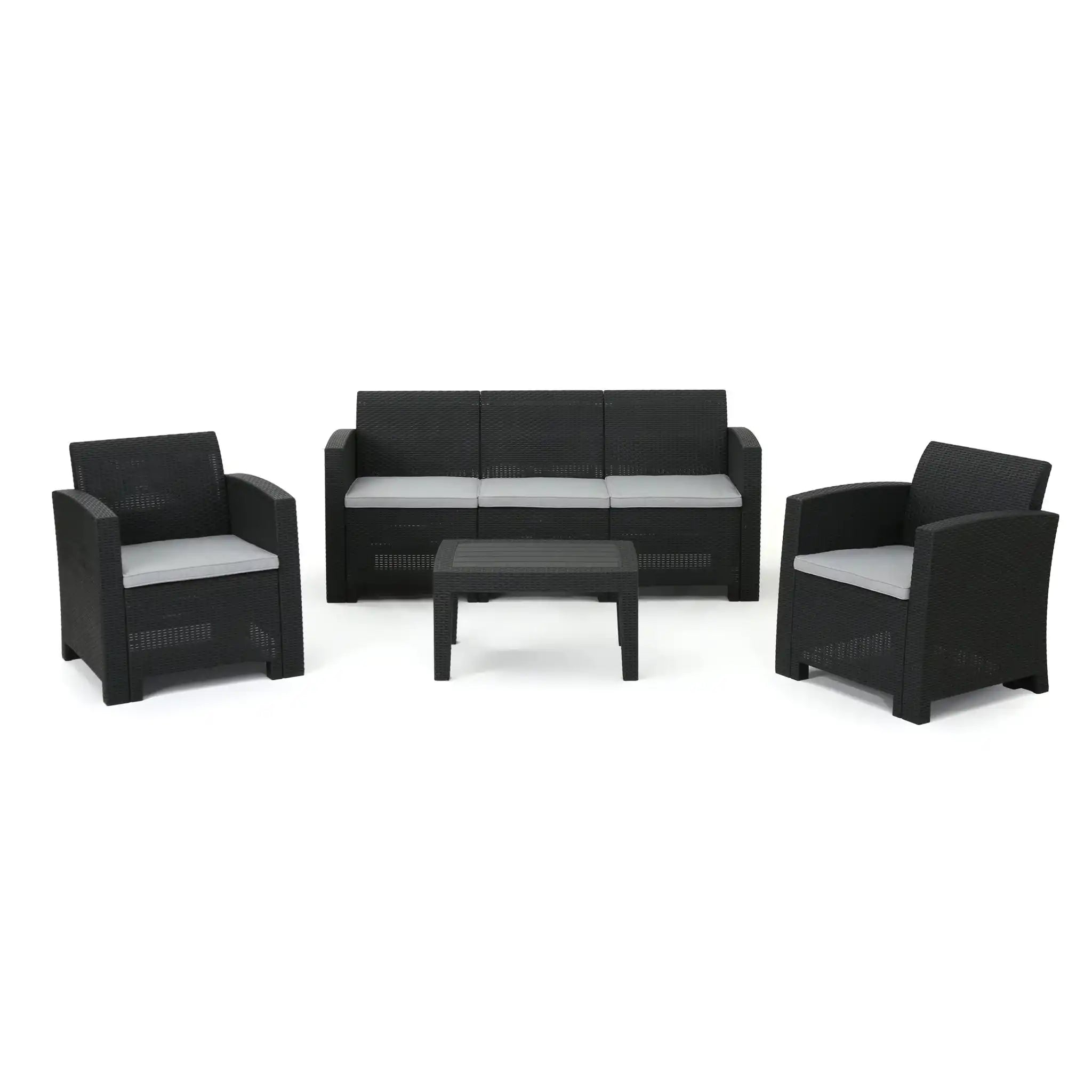 Velvora - Outdoor Wicker Set With 3 Seater Sofa, 2 Club Chairs, Coffee Table And Cushions - Brown