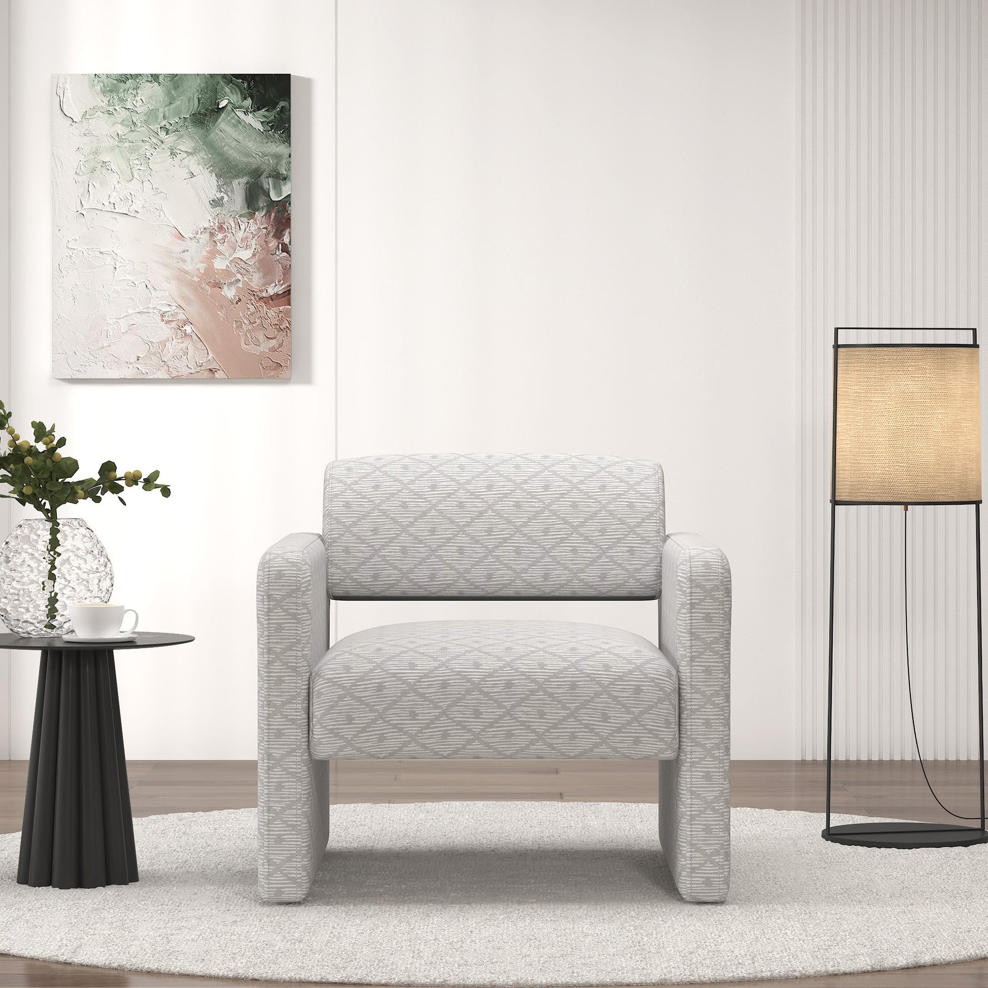 Beige grid single sofa chair, upholstered comfortable chair with armrests, for dining room/bedroom/living room/reception - Beige grid (30.9'*30.51'*30.11') - Best Buy Furniture