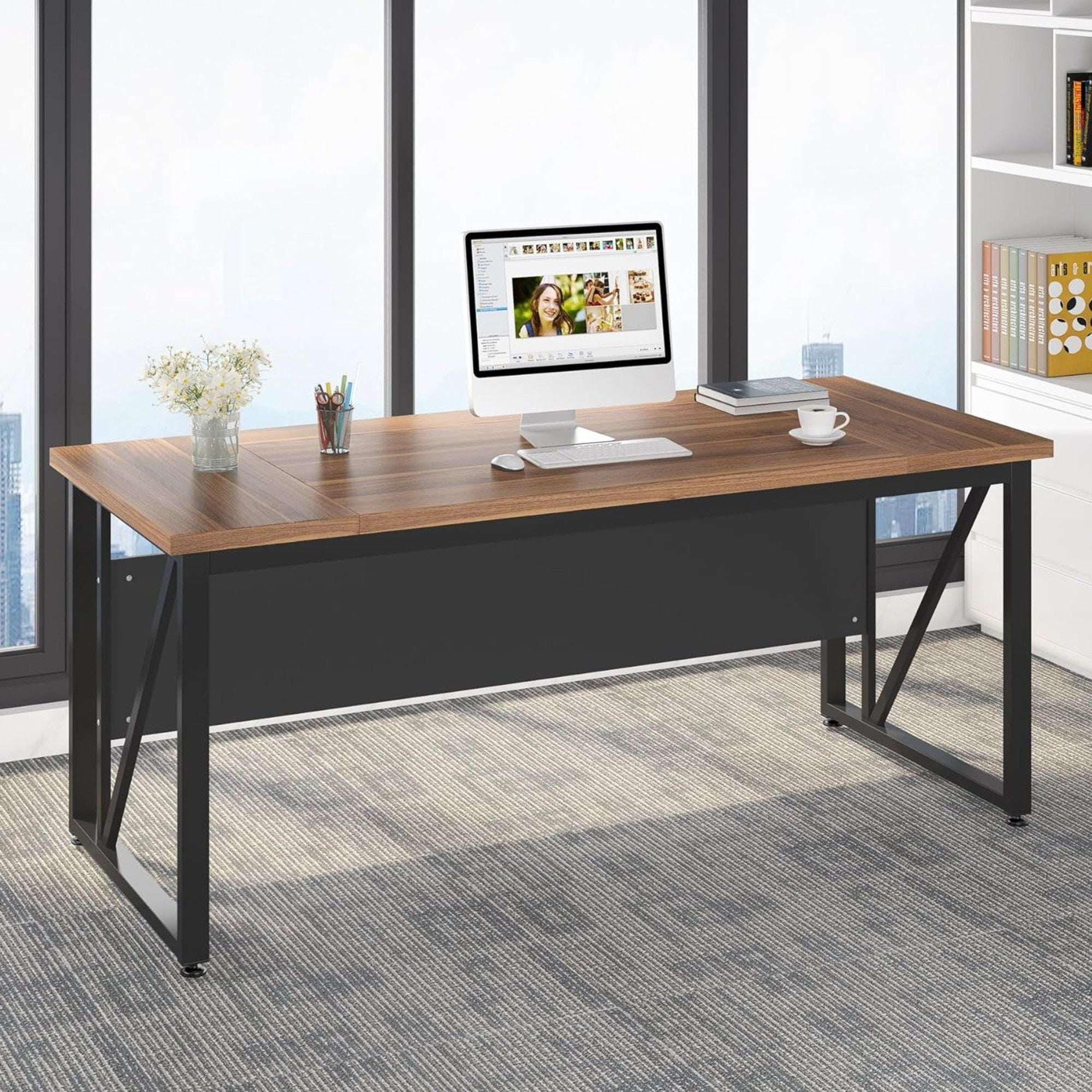 L-Shaped Executive Desk With Mobile File Cabinet, Large Home Office Workstation With Drawers And Shelves - Brown / Black