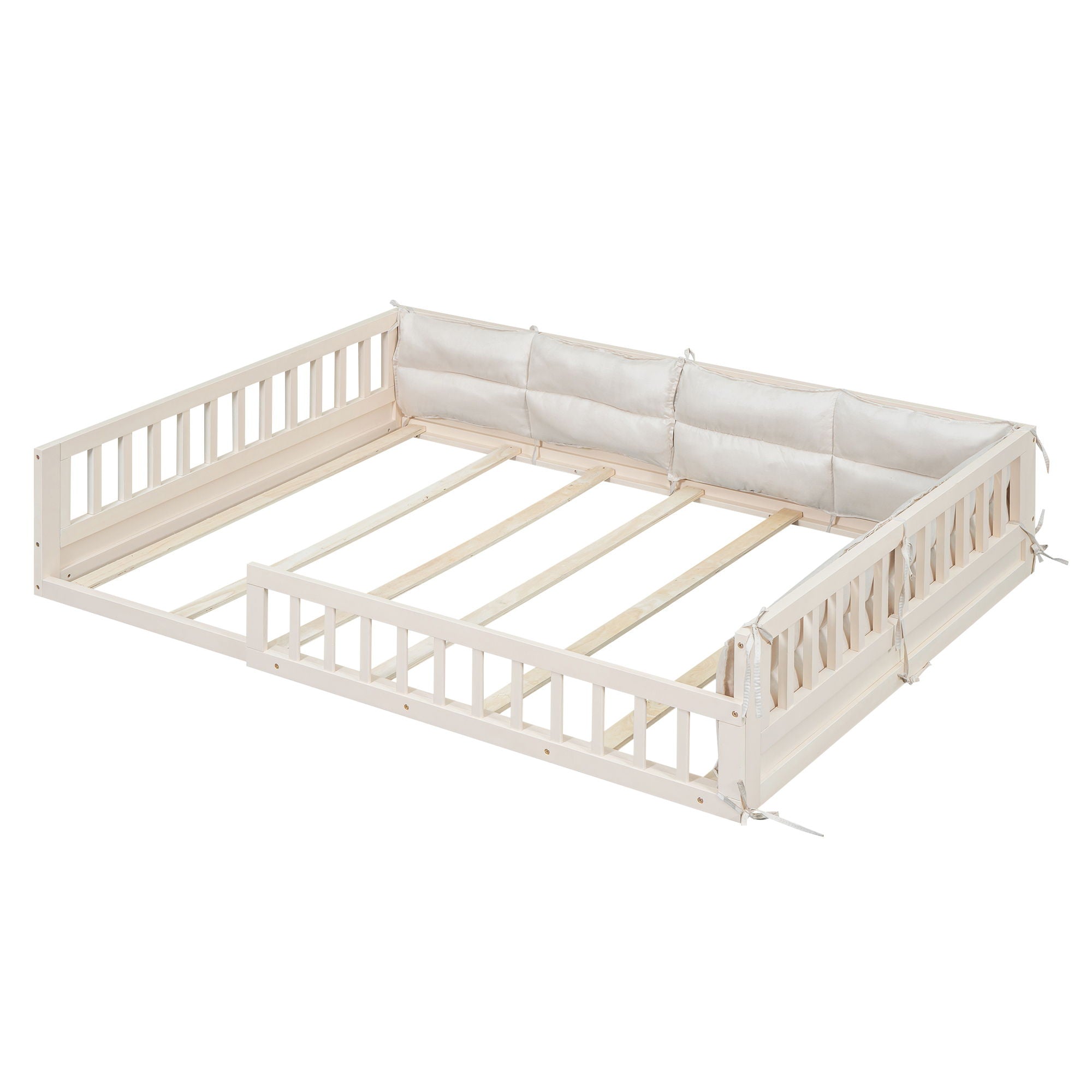 Wood Full Size Upholstered Platform Bed With Guardrail And Pillow - Beige