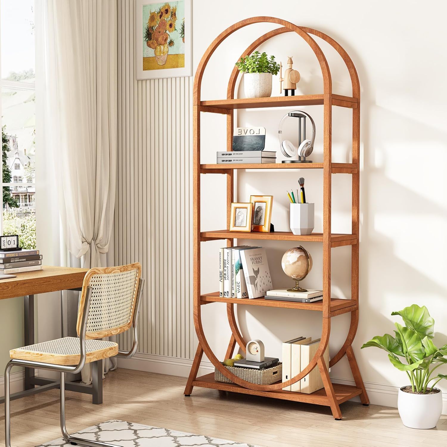 Arched 5 Tier Open Bookshelf For Office - Brown