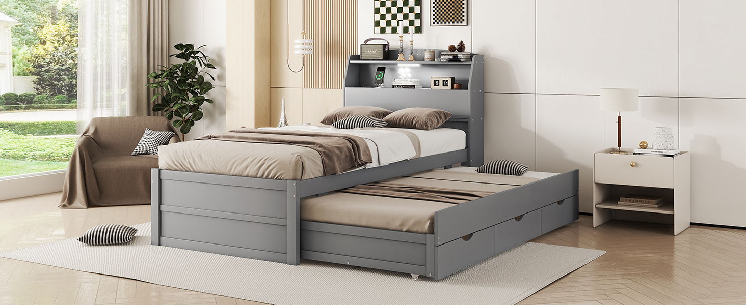 LED Platform Bed With Trundle With Storage Headboard With Drawers