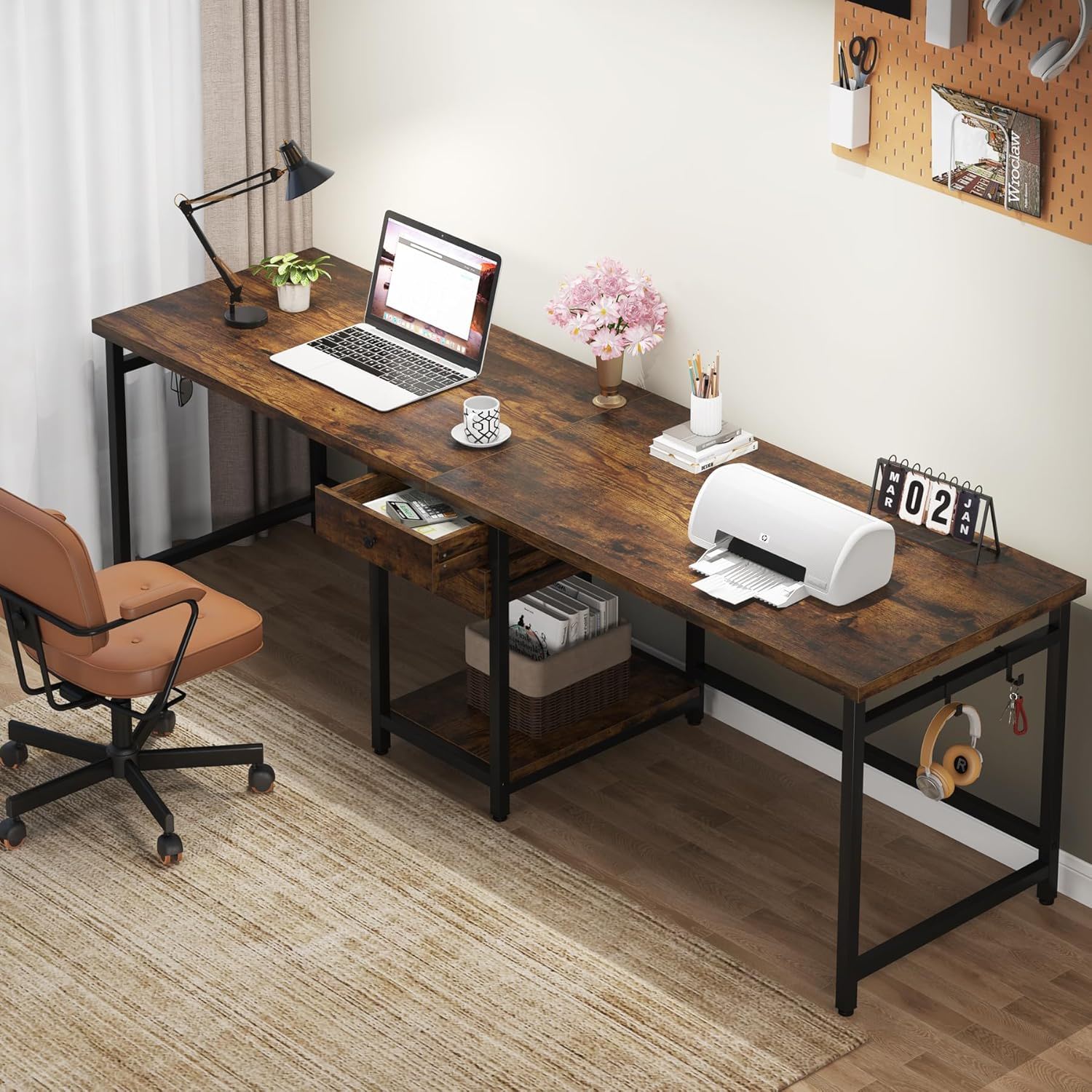 2 Person Computer Desk With Drawers And Shelves, Extra Long Double Workstation
