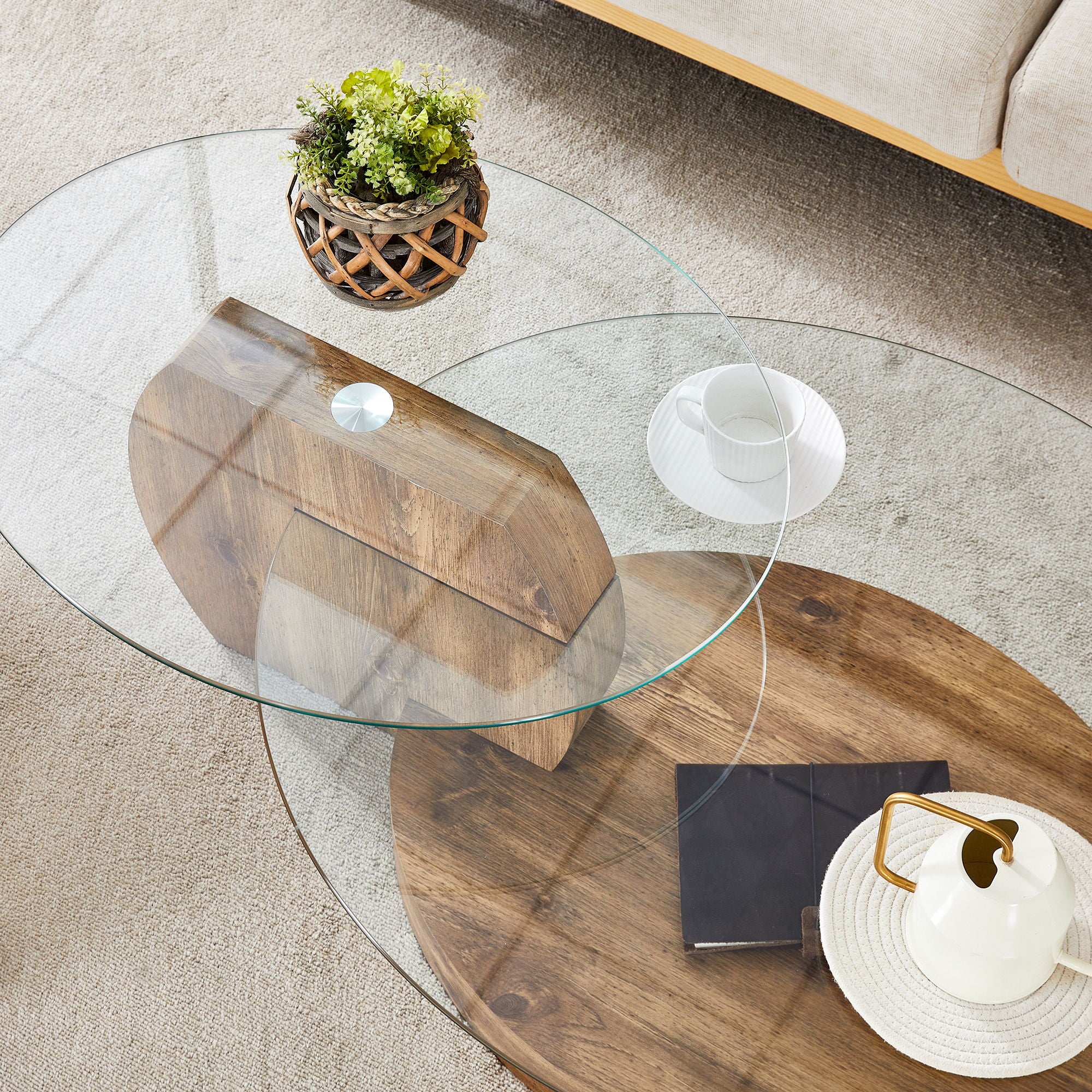 Modern Natural Wood Grain Double Layer Coffee Table Versatile Design - Natural Wood / Transparent