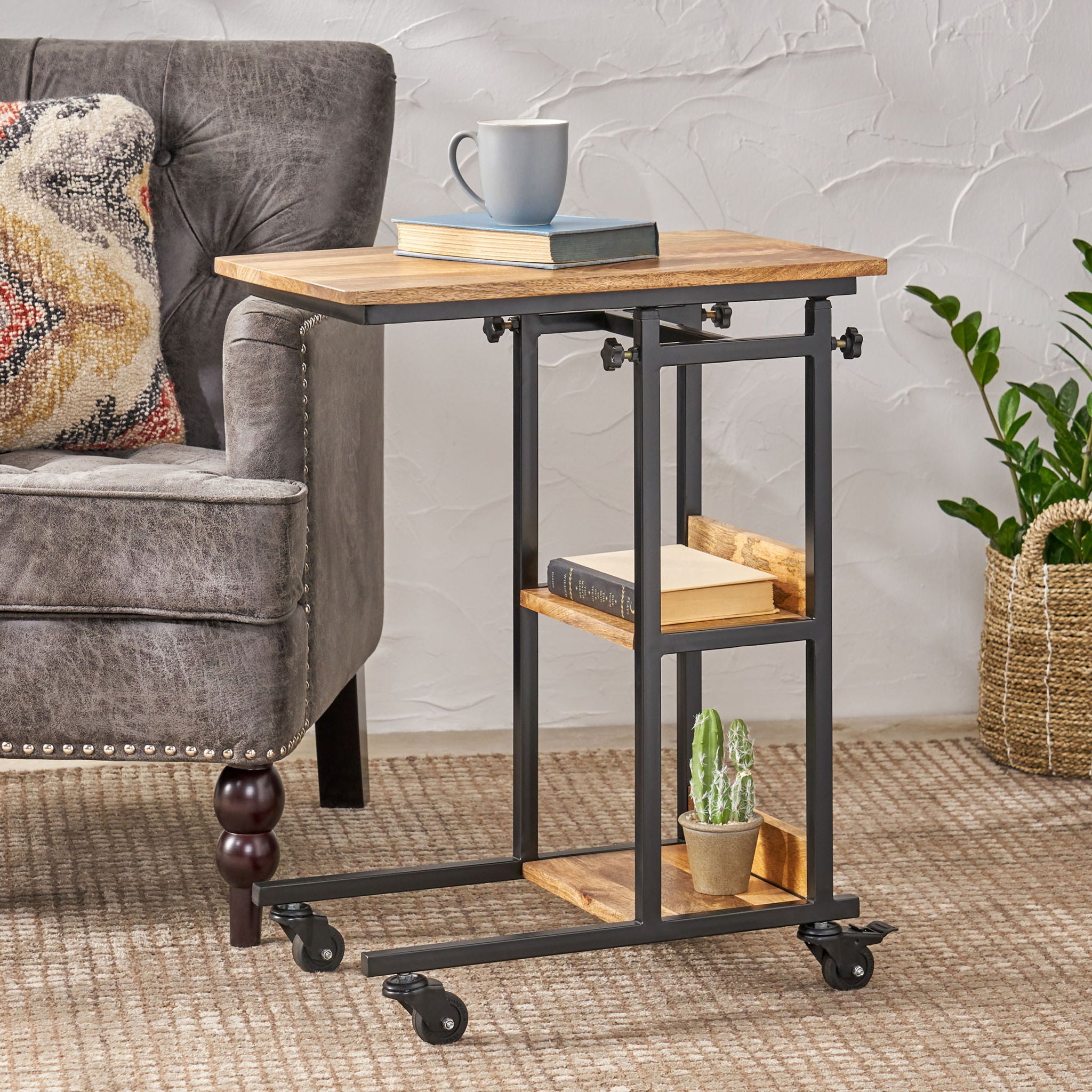 Modern Industrial Bed Laptop Table With C - Shape Design And Adjustable Height - Natural