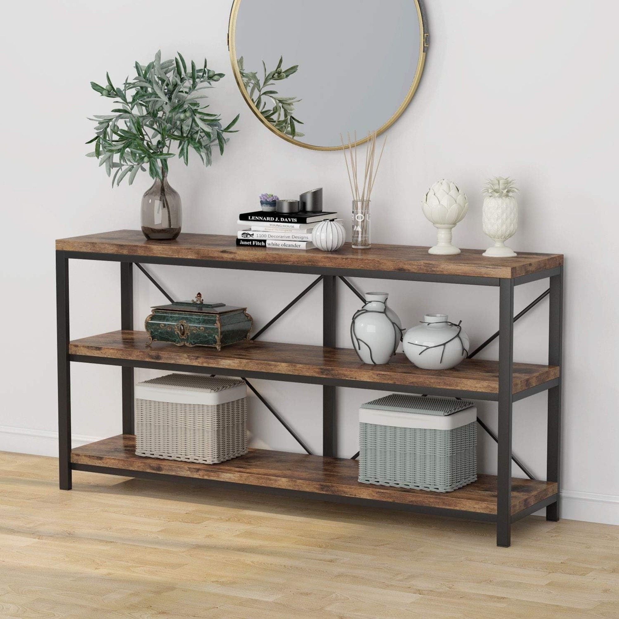 Console Table With 3 Tier Storage Shelves Finish, Slim Narrow Design For Living Entryway - Brown / Black
