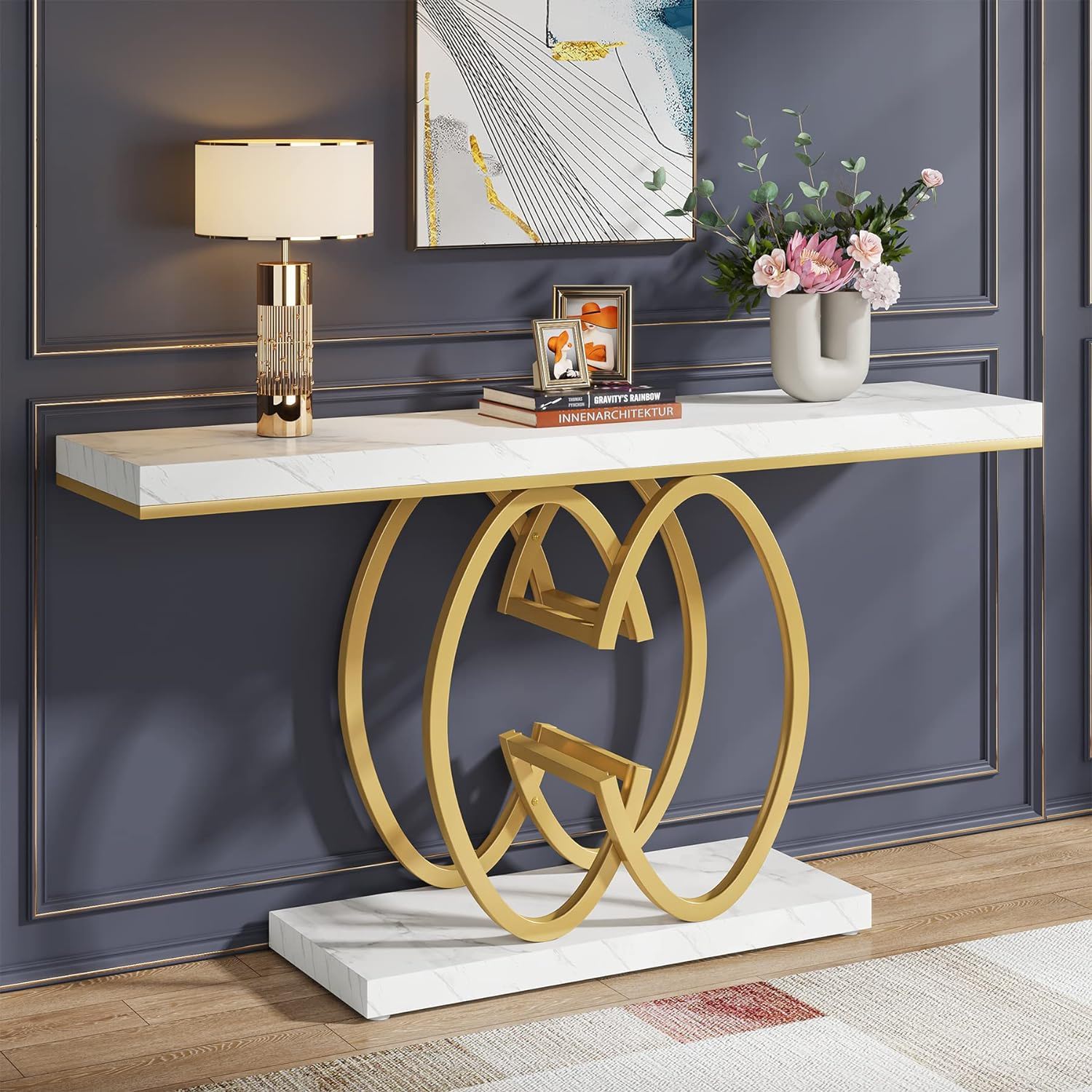 Console Table, Geometric Entryway Table For Living Hallway - White / Gold