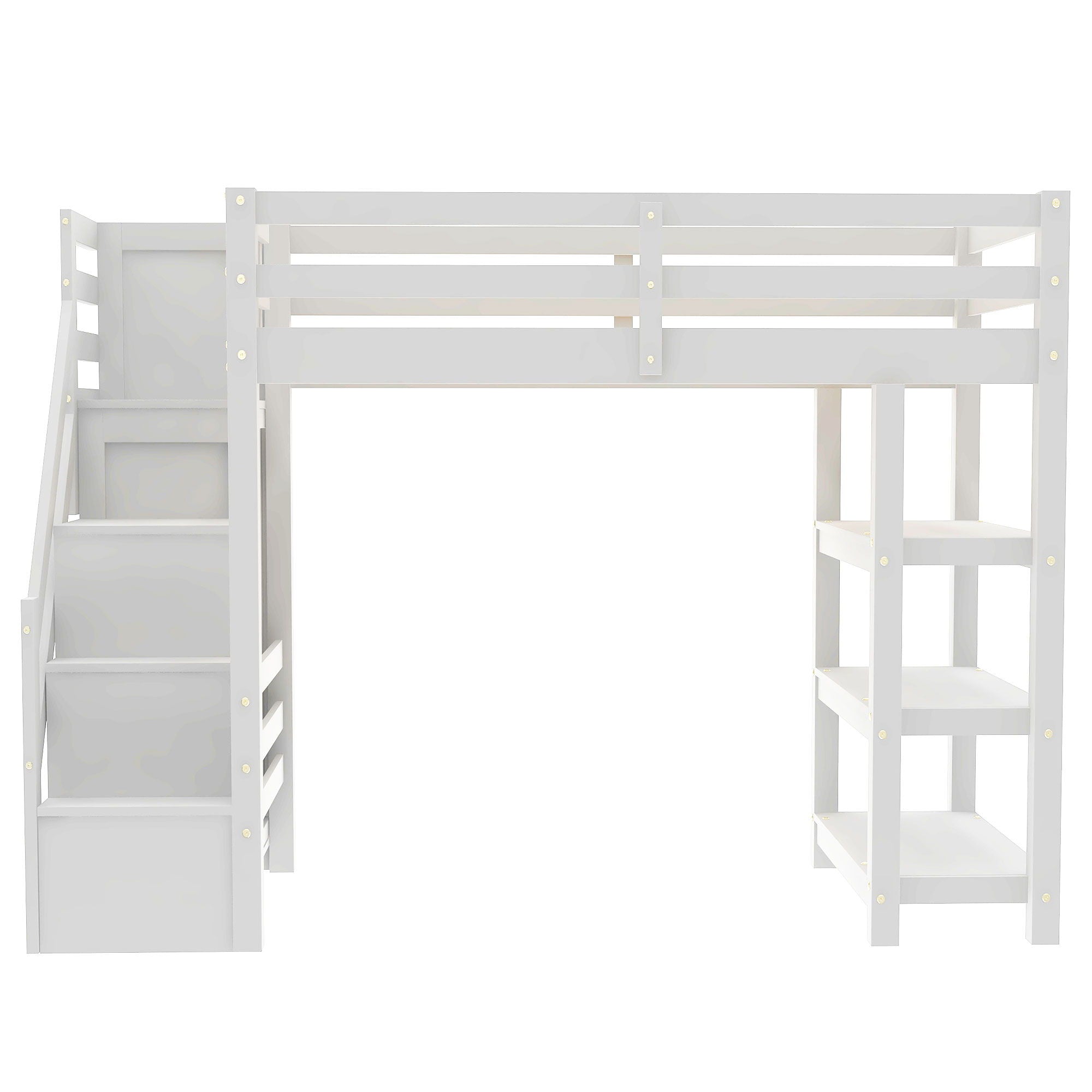 Loft Bed With 4 Layer Shelves, Storage Staircase, Small Wardrobe And LED Light