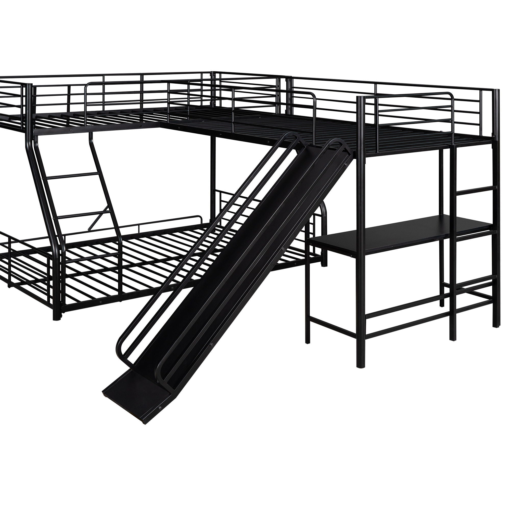 L-Shaped Twin Over Full Bunk Bed With Twin Loft, Built In Desk And Slide - Black