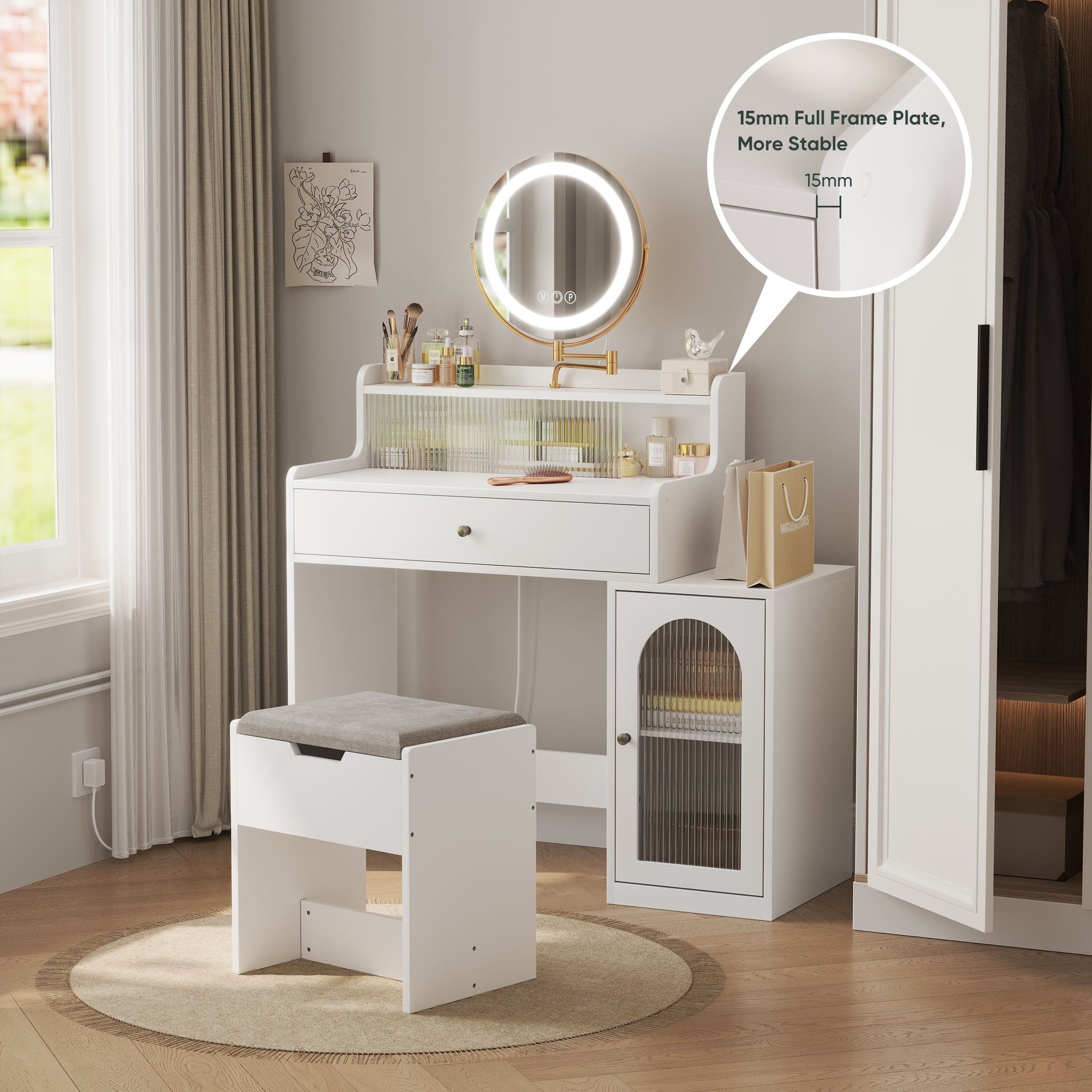 White Vanity Desk With 360° Rotated Mirror And Adjustable Lights, Girls Makeup Vanity Table With Storage Chair And Side Cabinet - Antique White