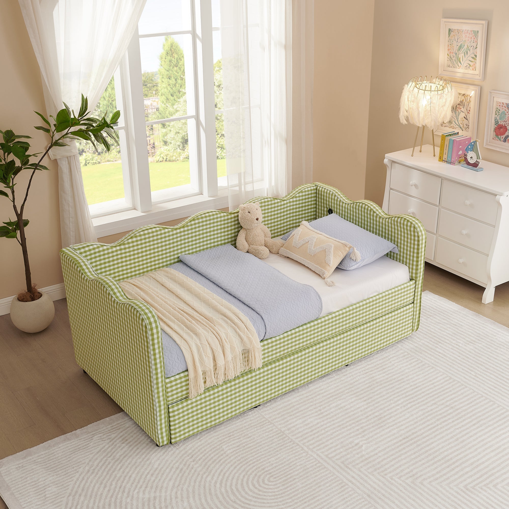 Cozy Gingham Daybed with Trundle Twin Size Sofa Bed