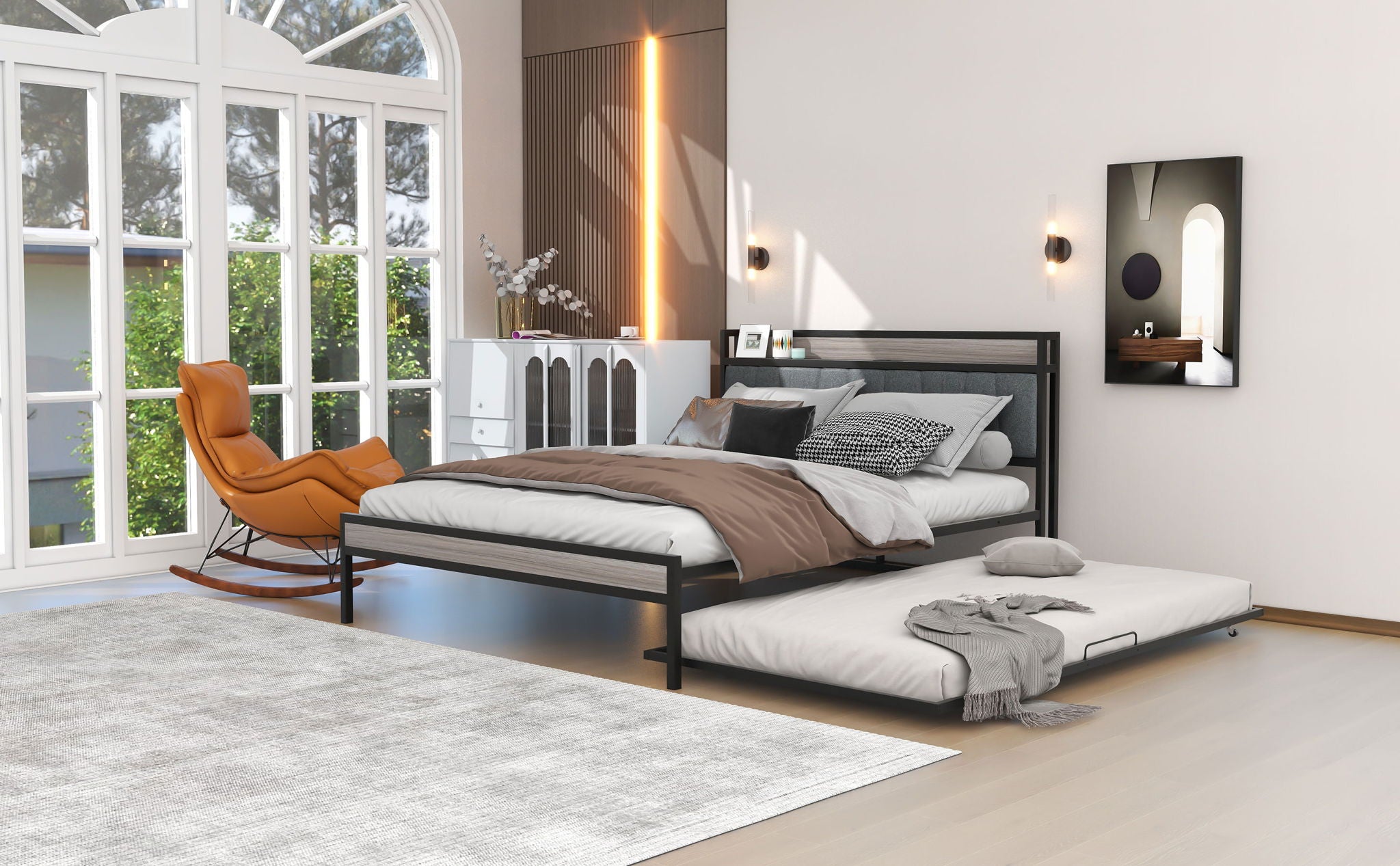 Platform Bed Frame With Trundle, USB Ports And Slat Support, No Box Spring Needed