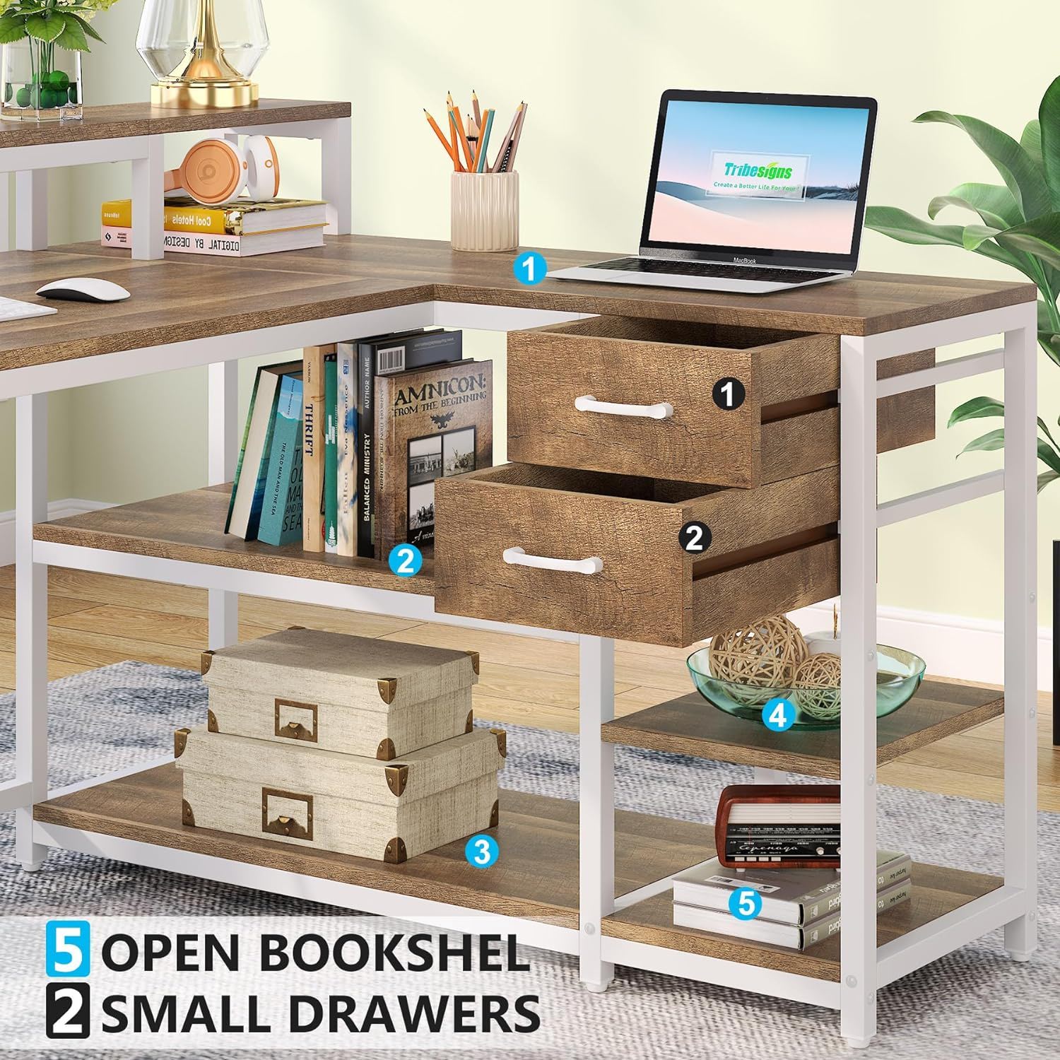 L-Shaped Home Office Desk With Monitor Riser, Drawers, And Storage Shelves