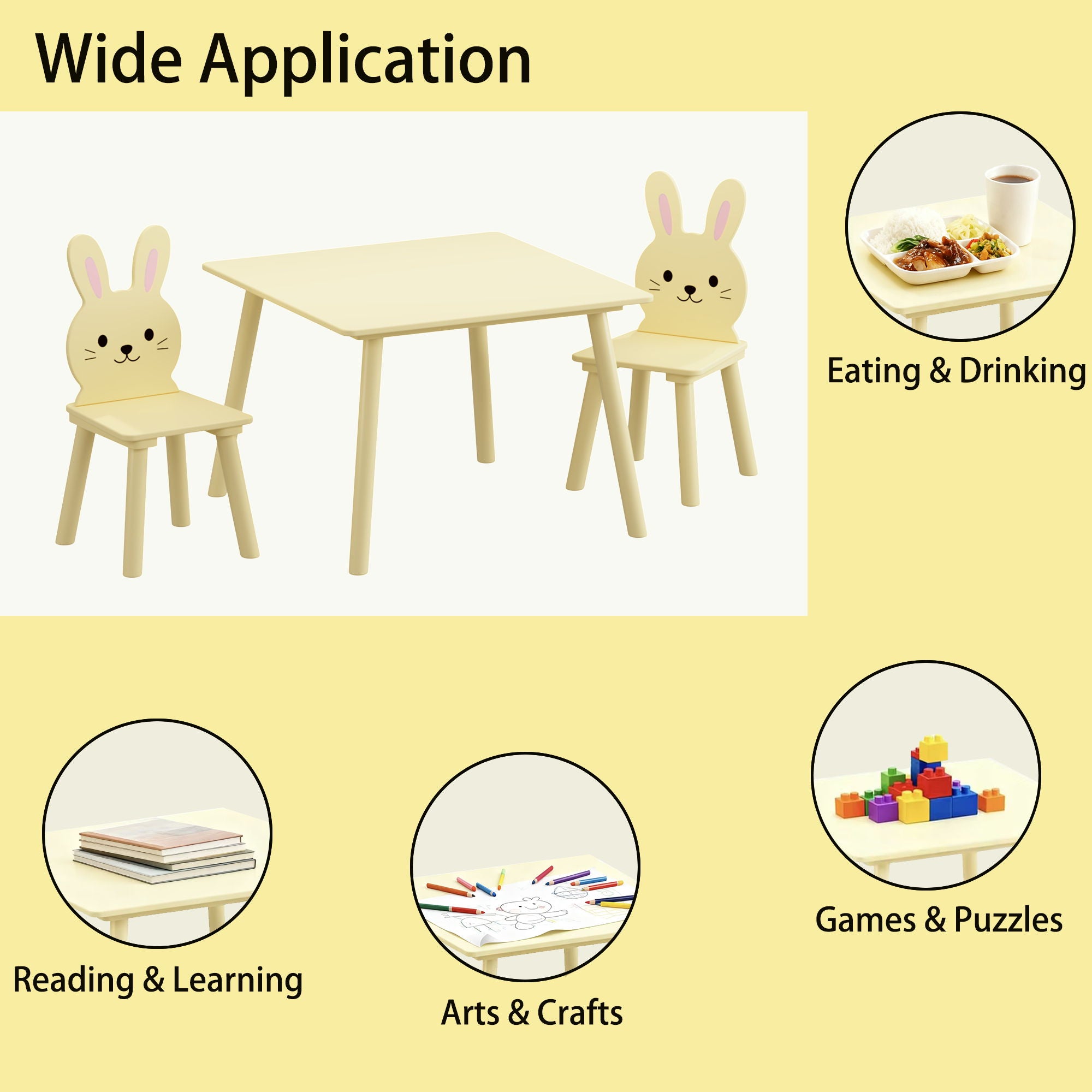 Table And Chair Set With 2 Bunny Chairs, Children's Activity Table For Toddlers, Cute Animal Design - Yellow