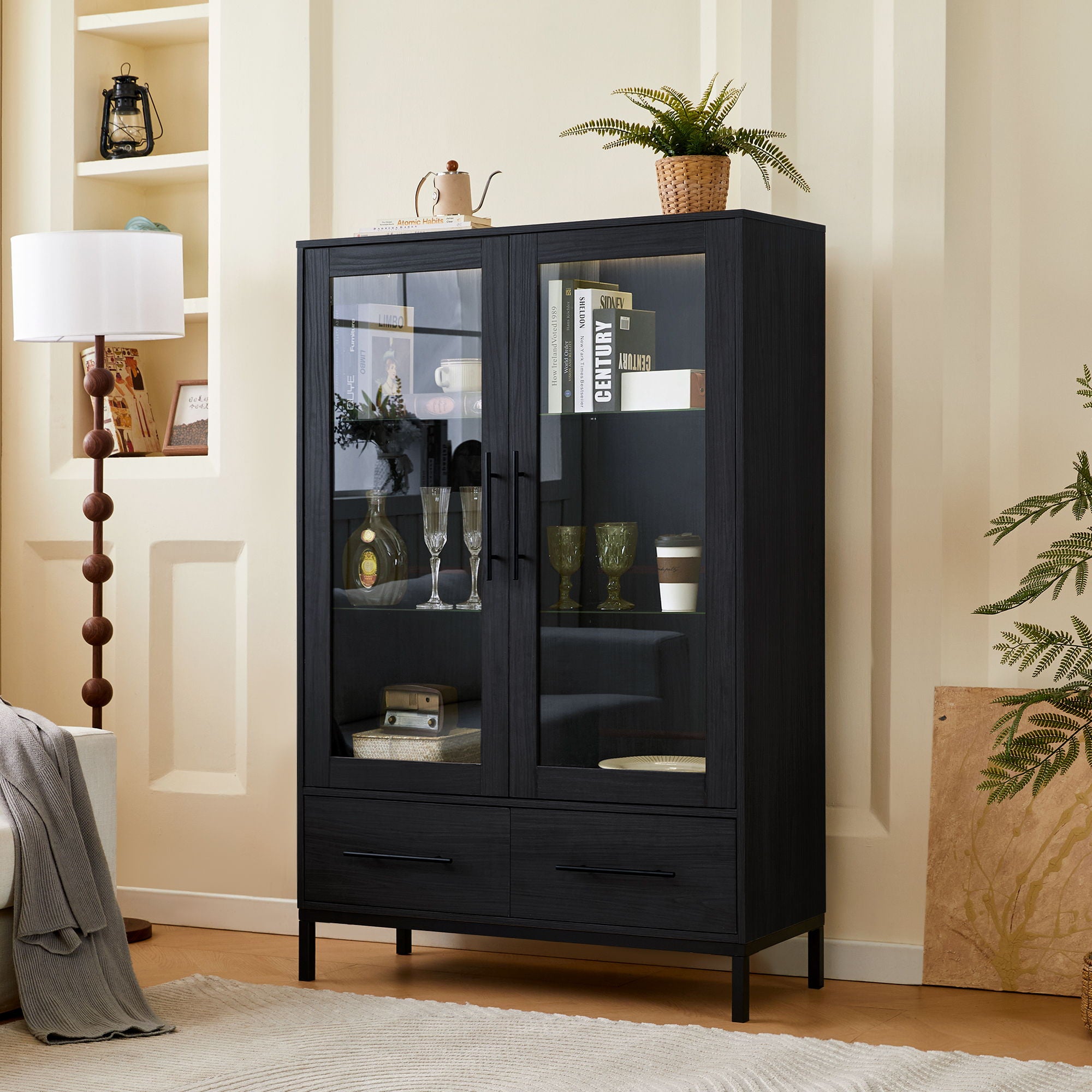 Modern Style Tall Display Cabinet With LED Lighting, Tempered Glass Door, 2 Drawers