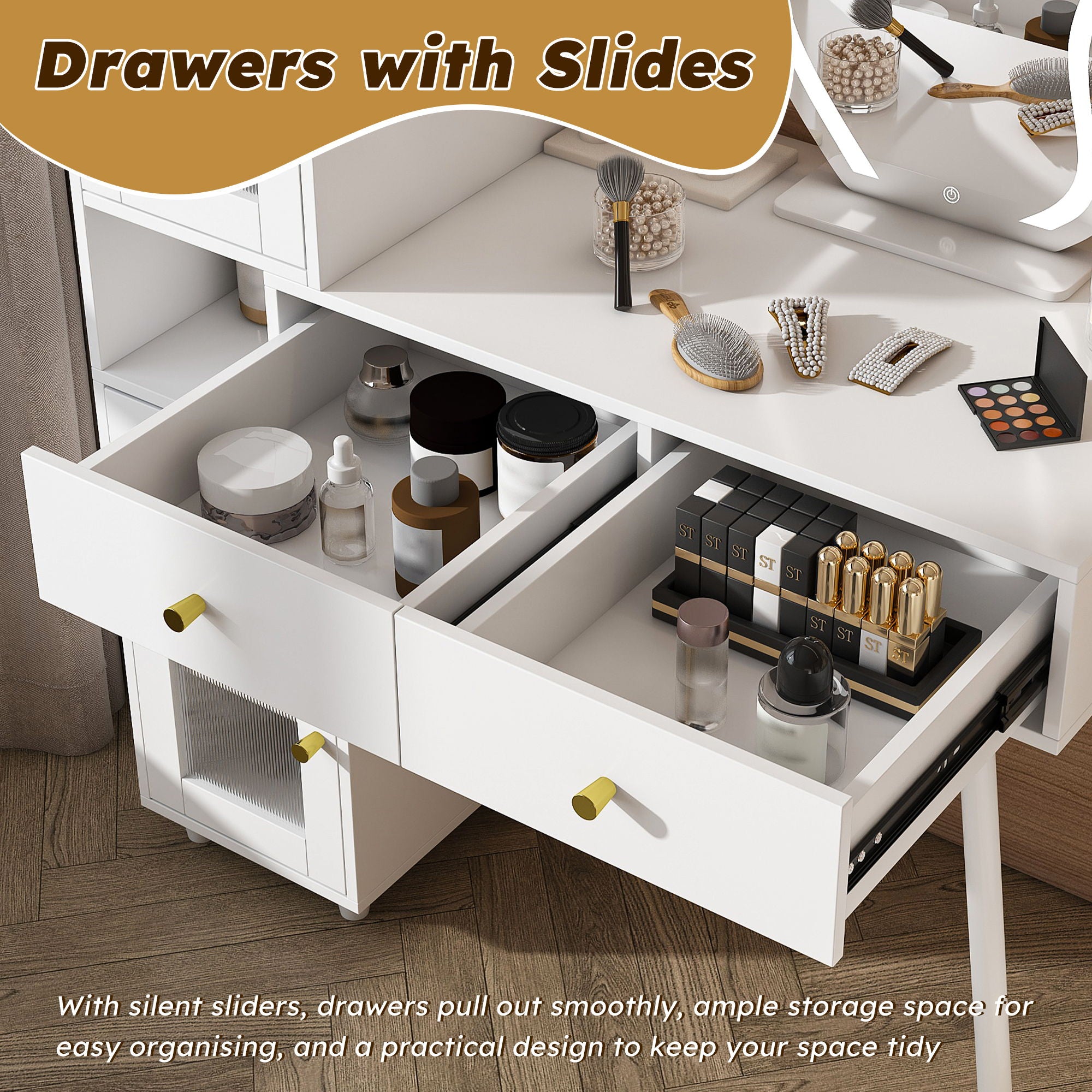 Vanity Dressing Table With LED Mirror & Storage Makeup Desk With 3 Drawers, 2 Open Shelves & 4 Hidden Cabinets - White - Best Buy Furniture