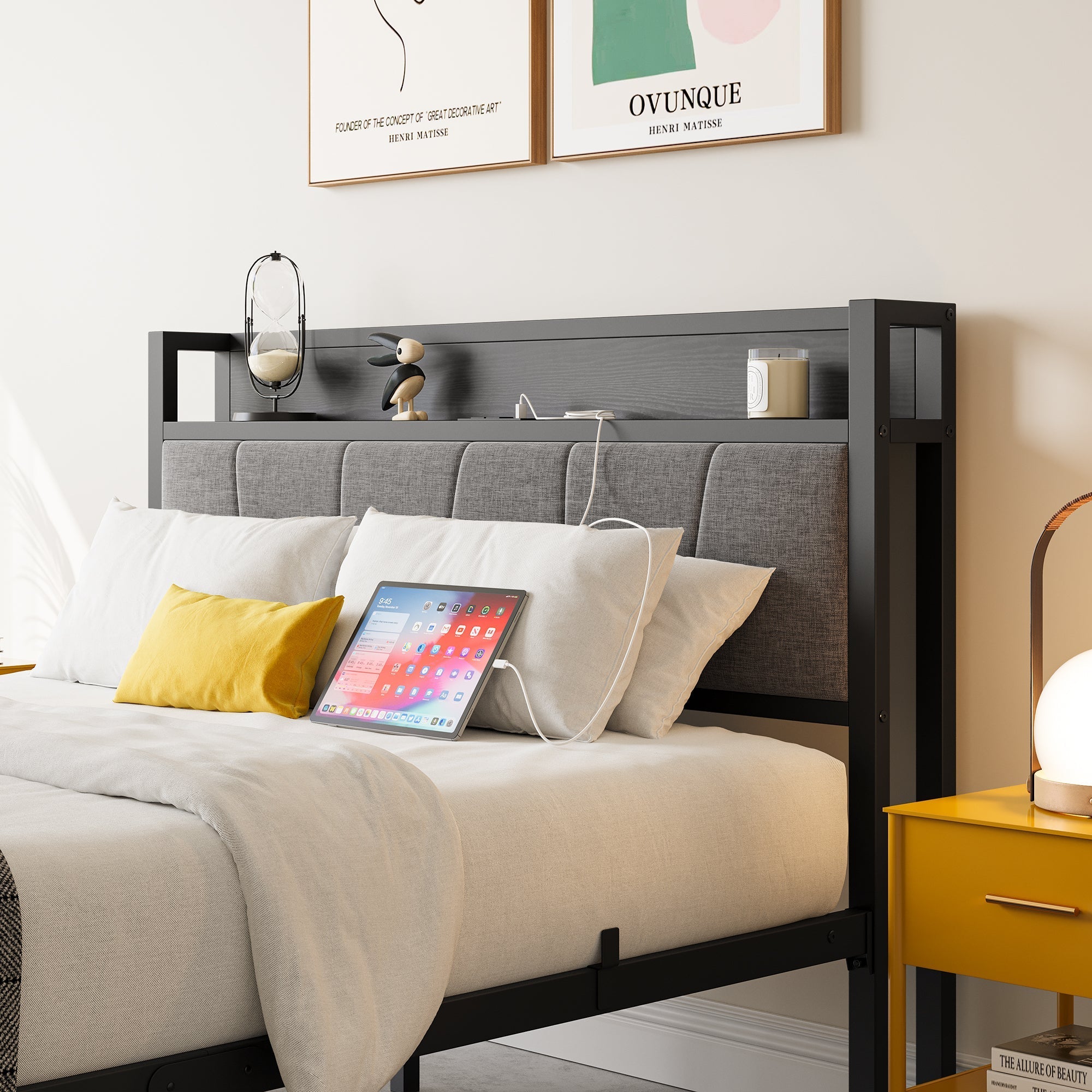 Full Size Bed Frame Storage Headboard with Charging Station