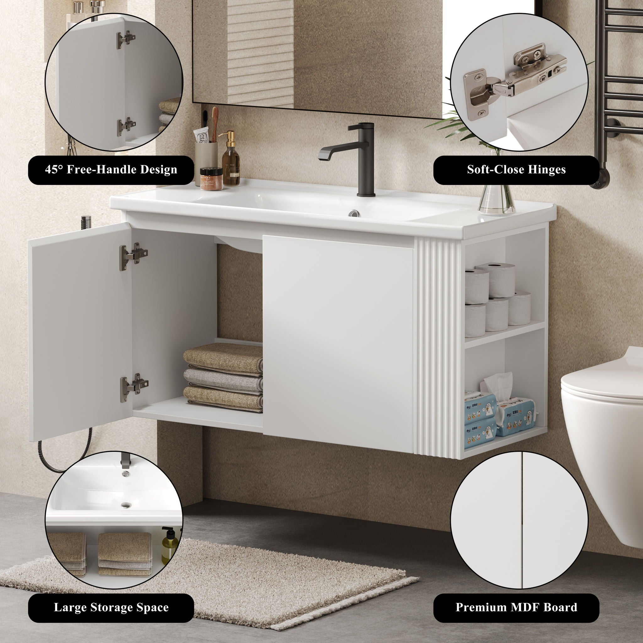 Wall Mounted Bathroom Vanity With Sink, 2 Open Shelves - White