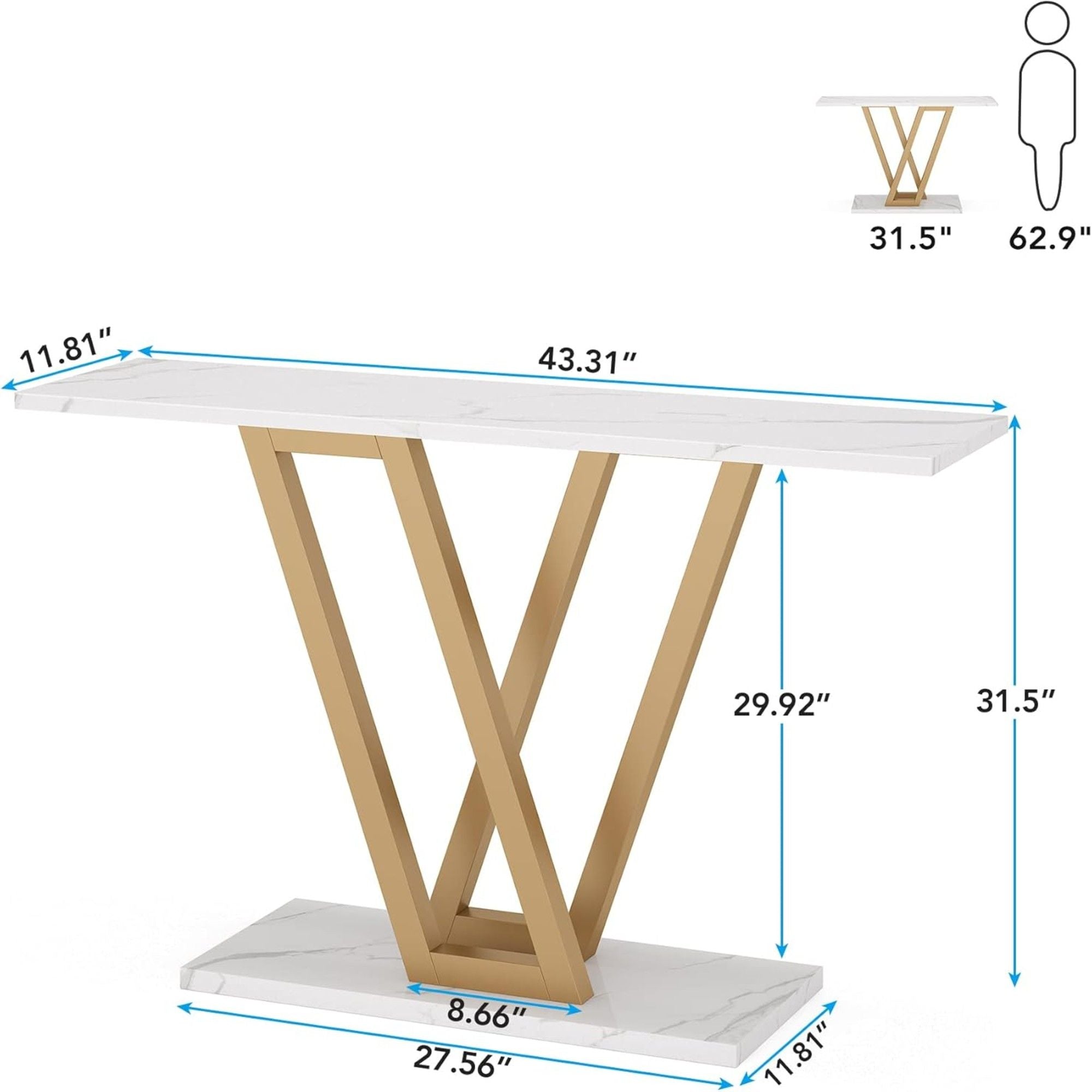 Console Table With Top With V Leg Frame For Hallway, Living Room - White / Gold
