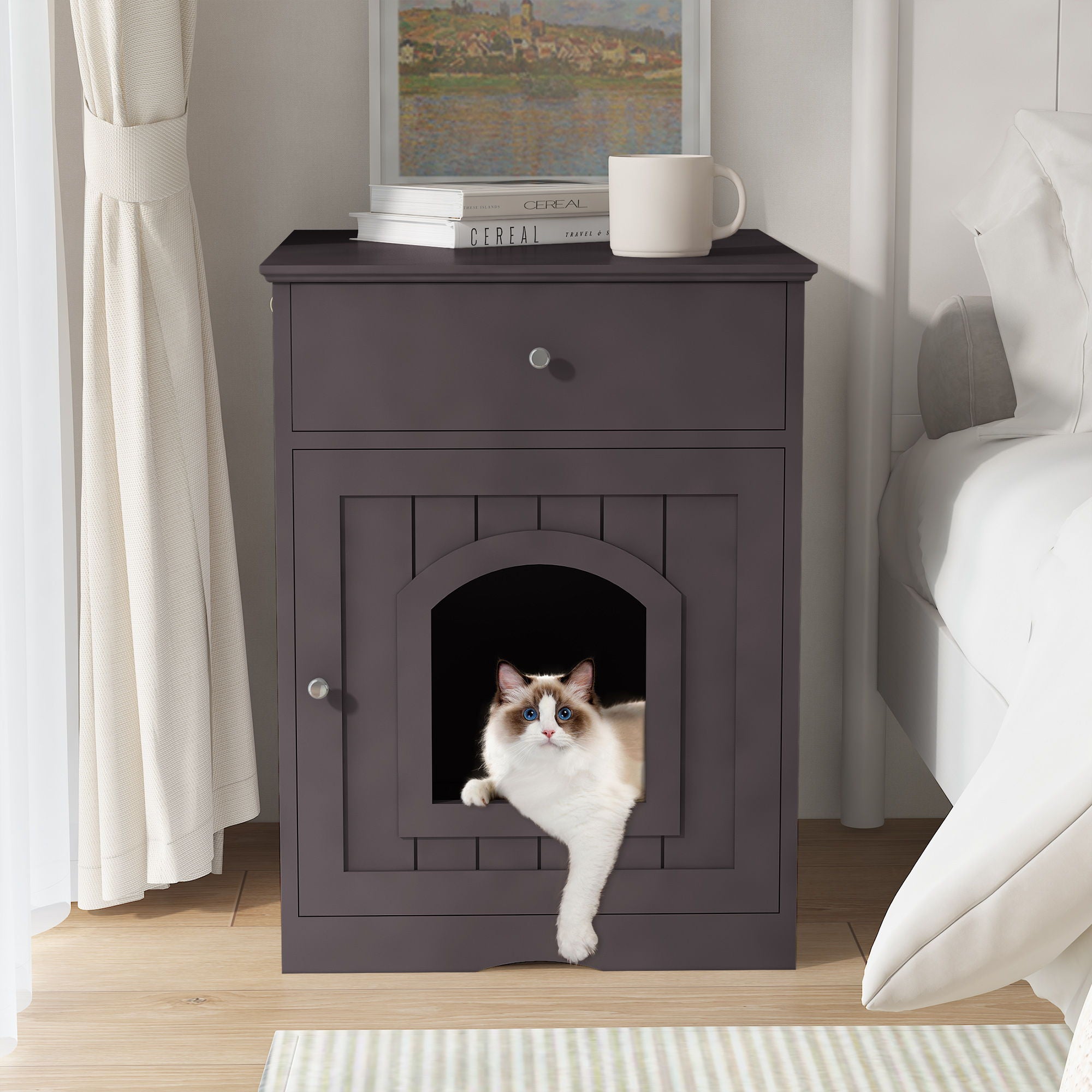 Pet House Cat Litter Box Enclosure With Drawer, Side Table