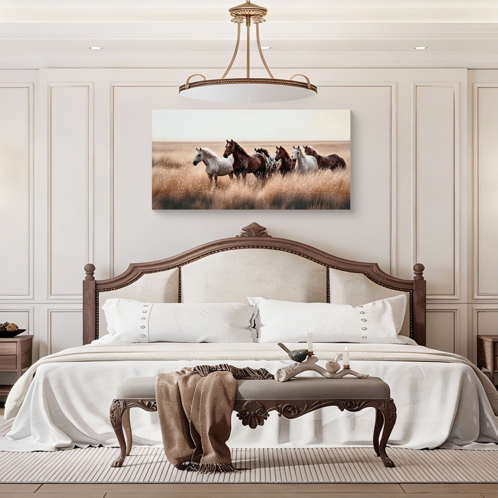Cozy Country Rustic Horses Wall Art Decor: Western Farm Equine Canvas Picture Wild Animals Walking on Empty Grassland Farmhouse Ponies Portrait Painting Artwork for Living Room Bedroom 40' x 20'