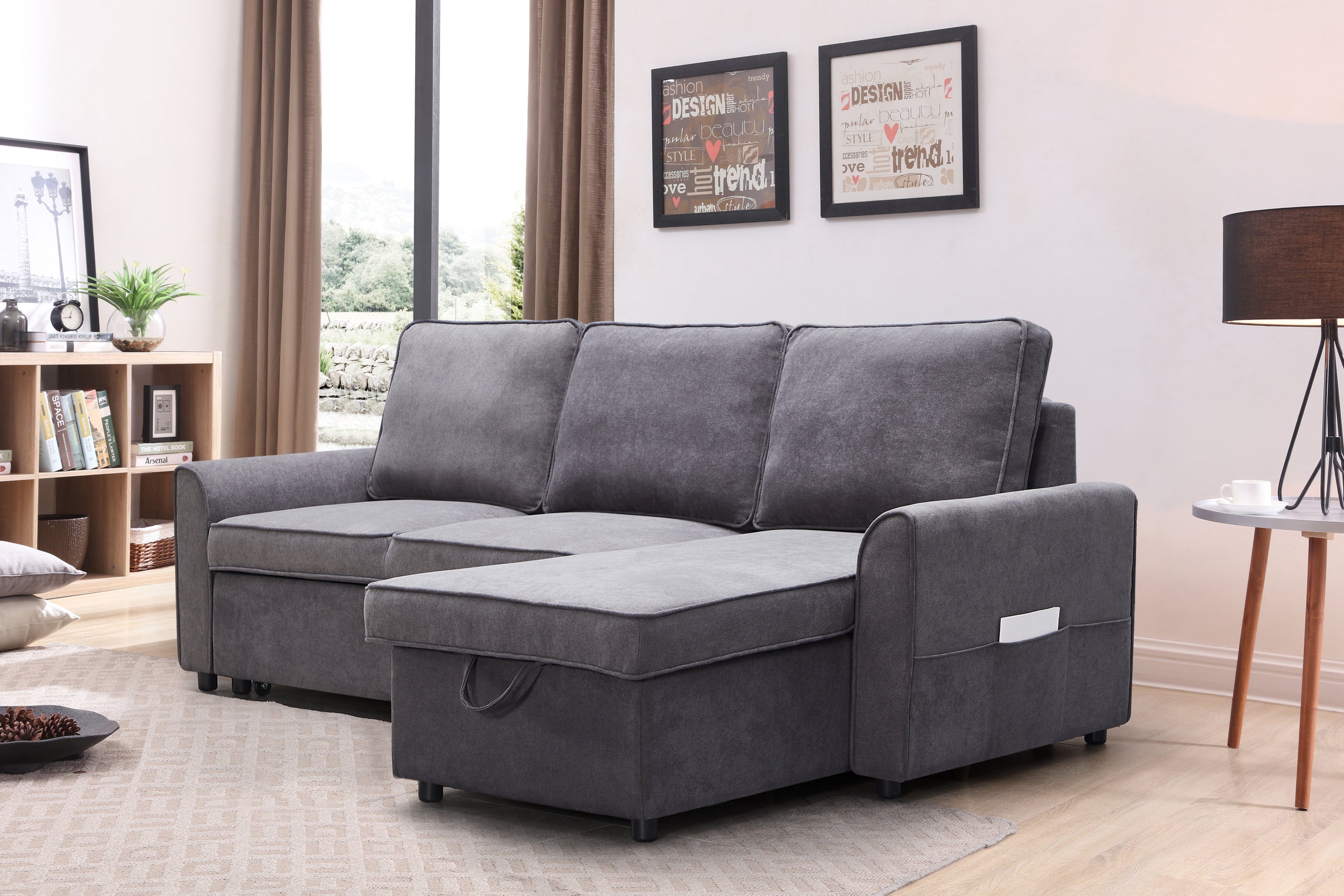Modern Modular L-Shaped Sofa Bed with Chaise Dark Grey Linen