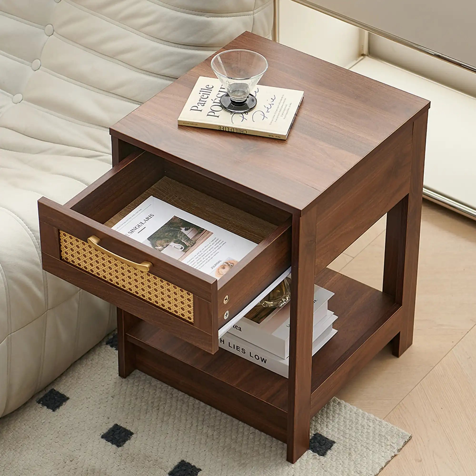 Modern Walnut Rattan Nightstand with Drawer - Best Buy Furniture