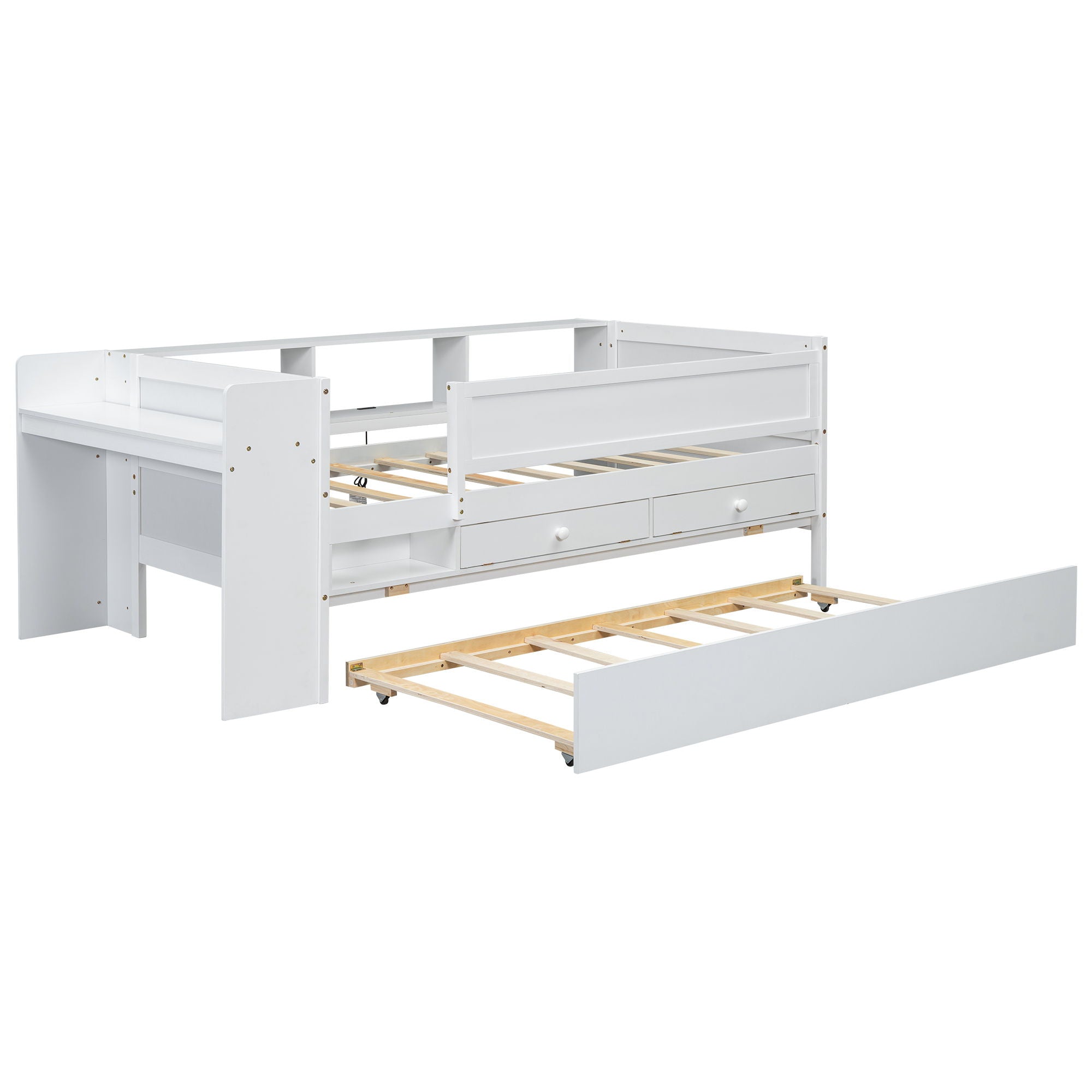 Twin Daybed With Drawers, Trundle, Headboard Storage, Study Desk, And USB Charging Station - White