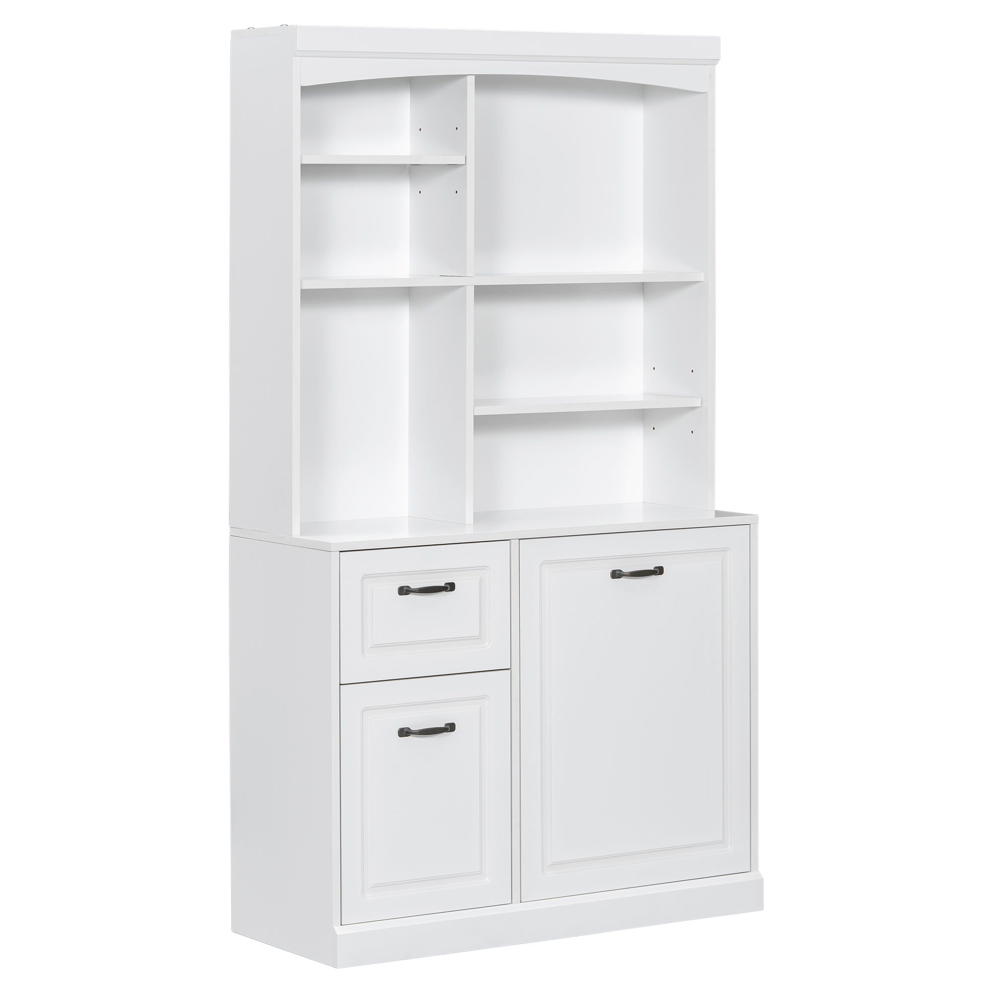 Bathroom Storage Cabinet With Tilt Out Hamper, Tall Free Standing Organizer With Drawers & Adjustable Shelves, Linen Tower With Steel Handles - White