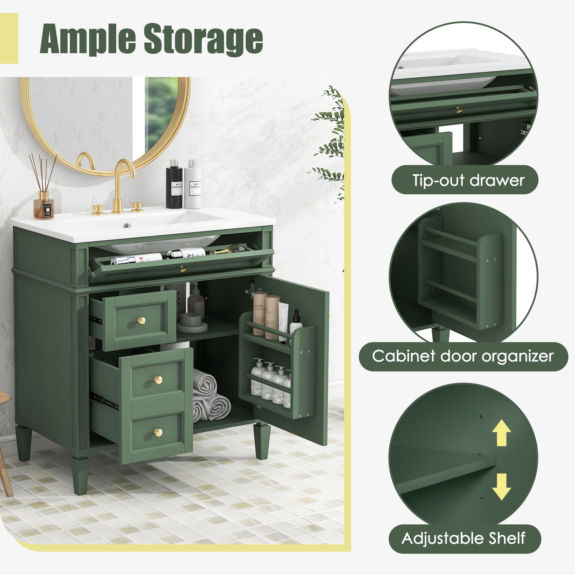 Bathroom Vanity With Top Sink, Storage Cabinet With 2 Drawers, Tip Out Drawer