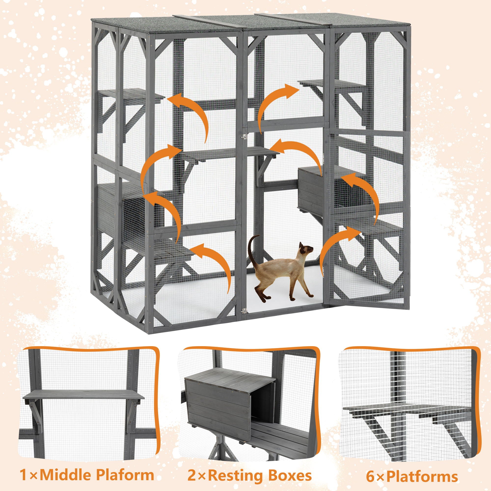 Outdoor Cat House Wooden Catio Enclosure With Cover - Large Cat Cage With Jump Platforms And Condos, Weatherproof - Gray