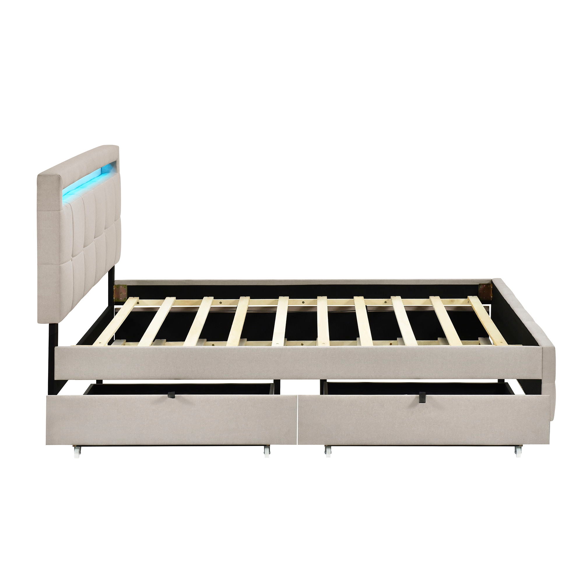 Upholstered Platform Bed With LED Frame, With Trundle And 2 Drawers