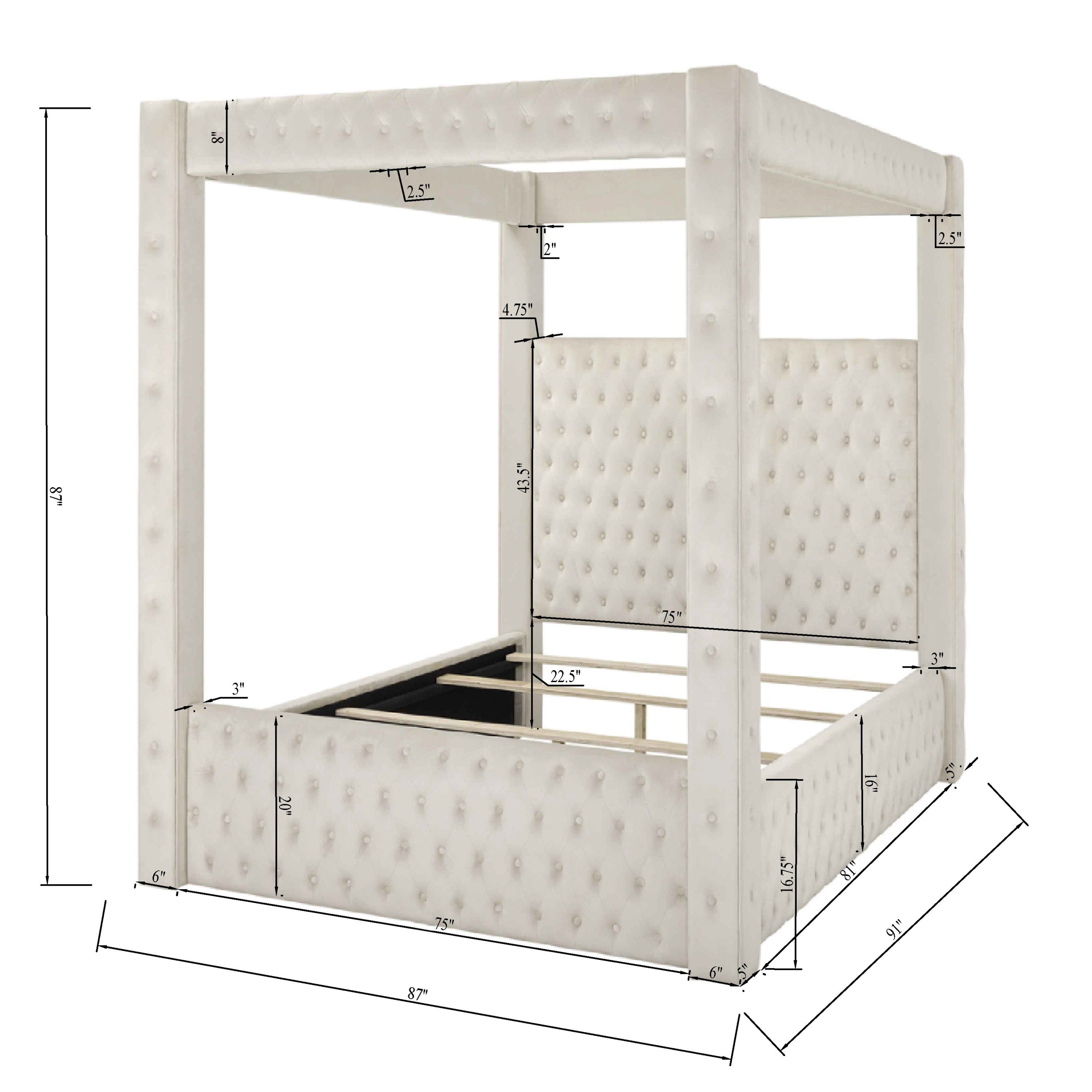 Modern Four-poster King Bed with Tufted Headboard and Footboard in Black Rich Velvet Fabric, Solid Wood Frame