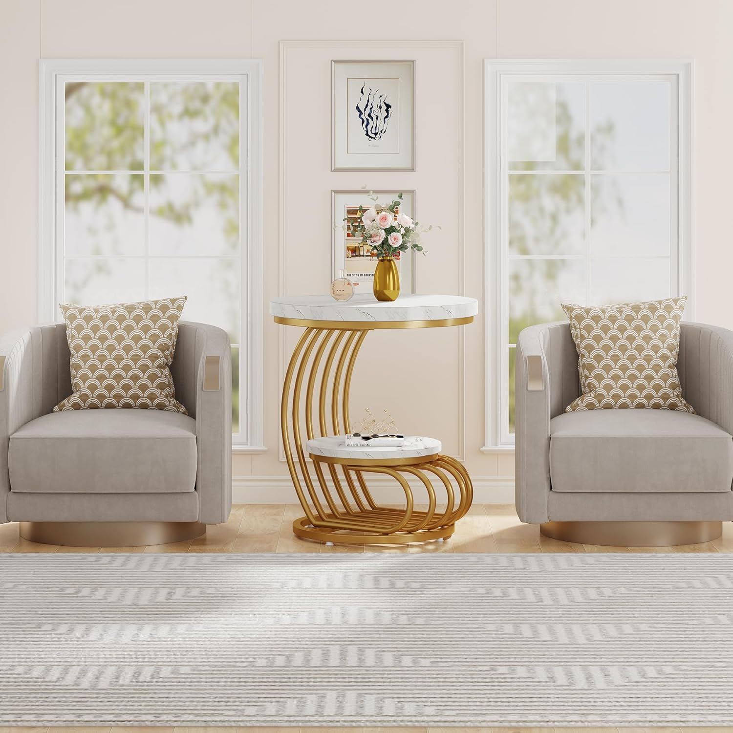 Round Vintage End Table With 2 Tier Storage