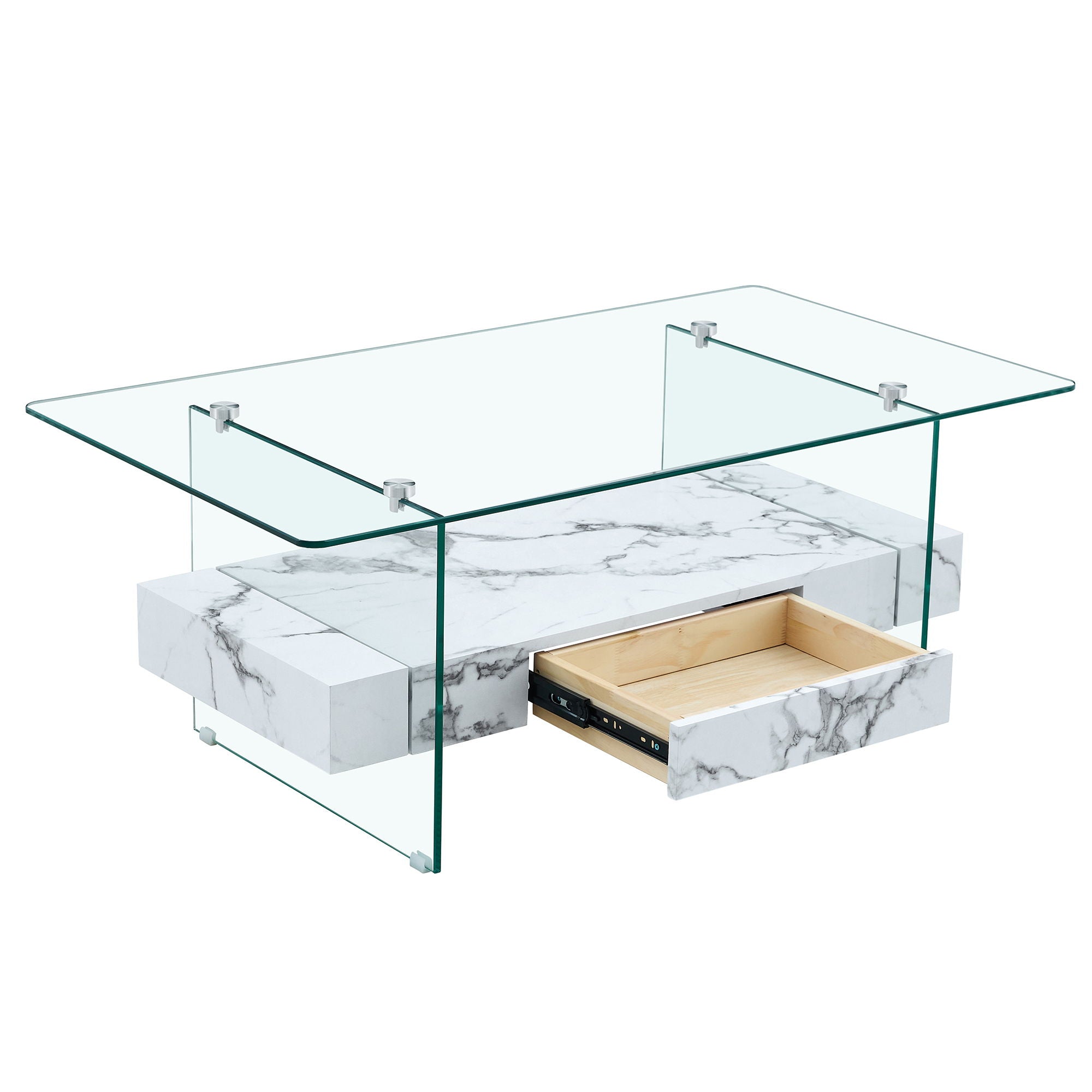 Modern 2 Tier Square Coffee Table, Elegant Marble Pattern