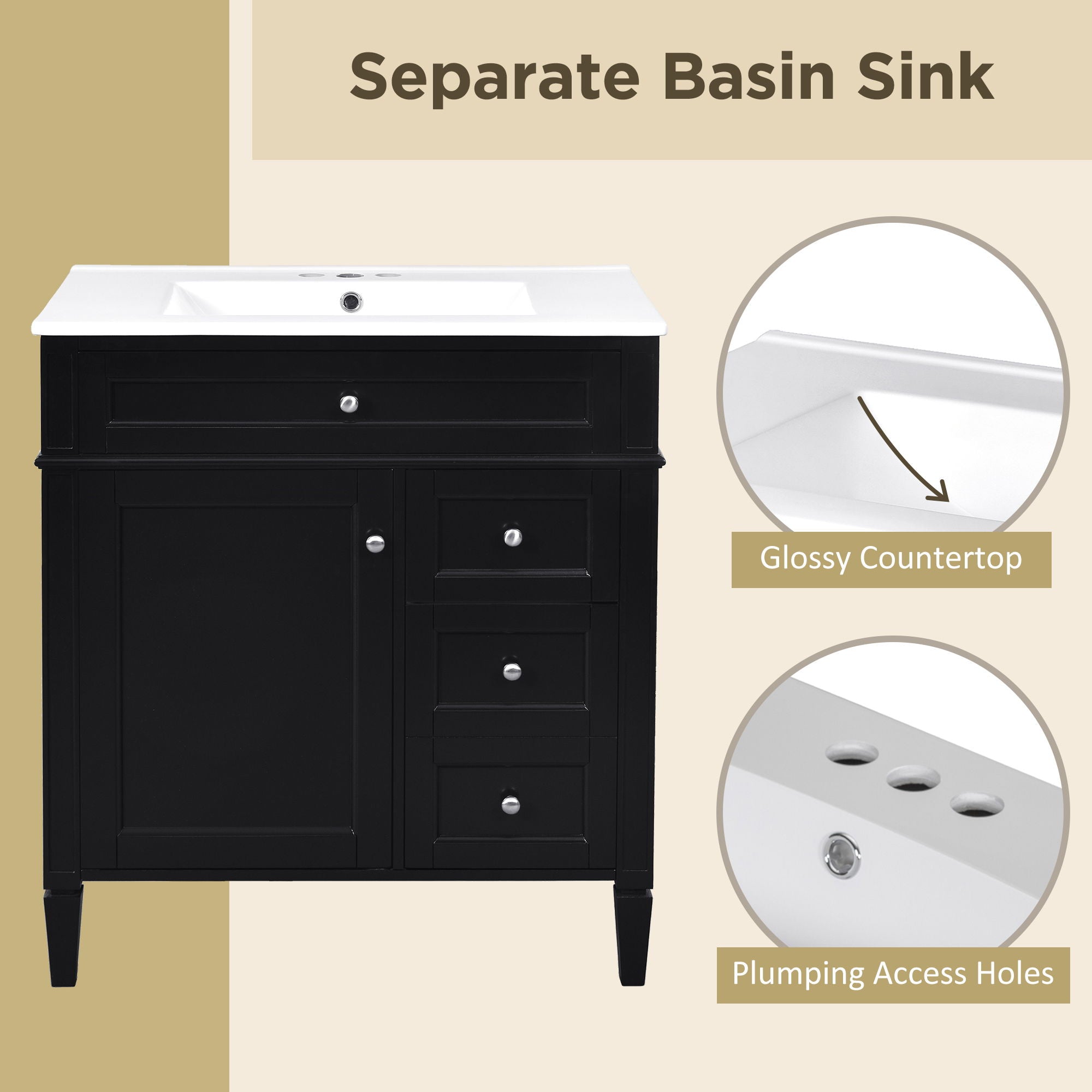 Bathroom Vanity With Top Sink, 2 Drawers & Tip Out Drawer