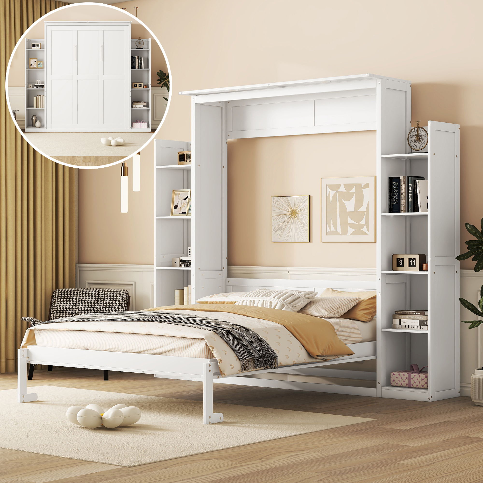 Wall Murphy Bed With Shelves And LED Lights