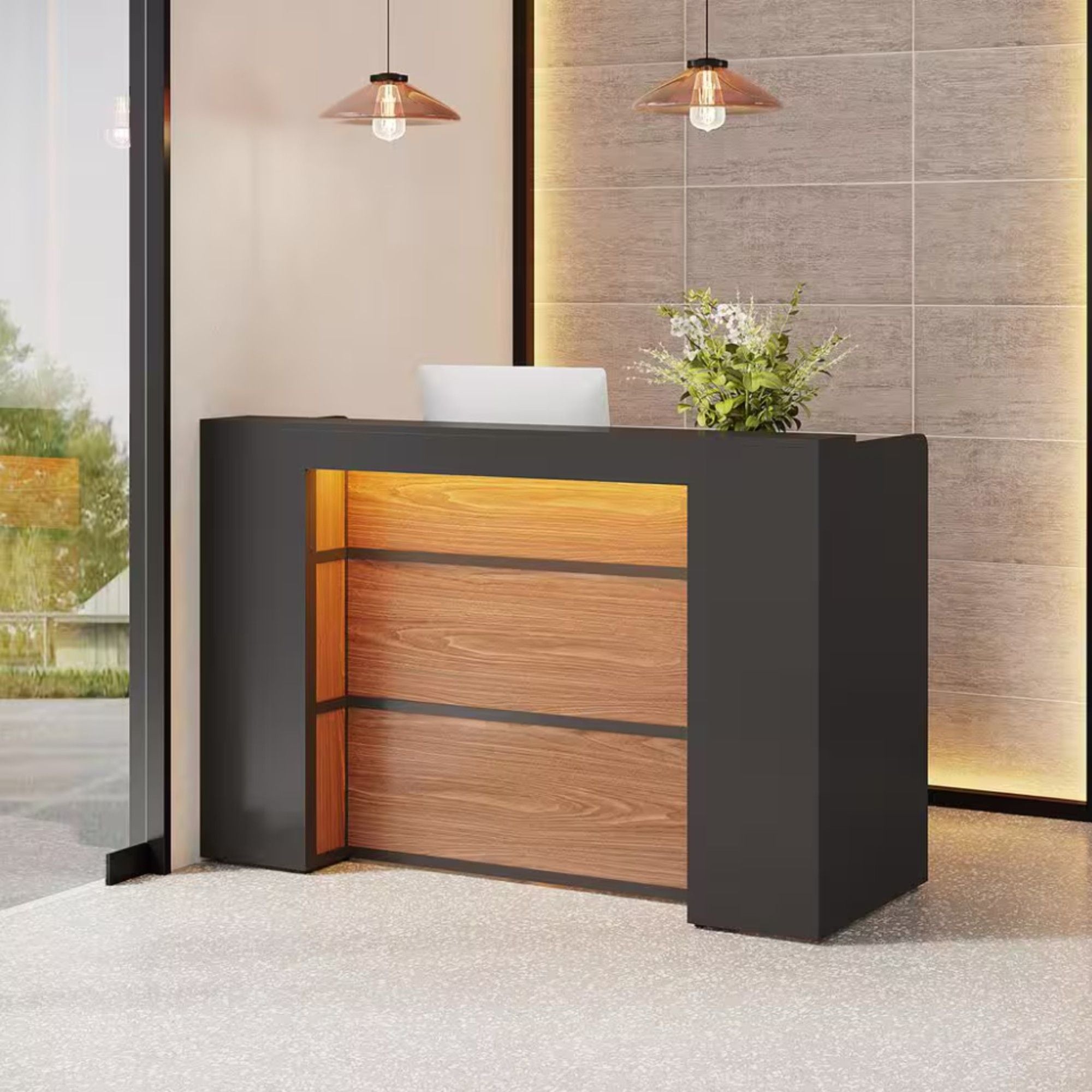 Reception Desk With LED Lights For Office Lobby - Black