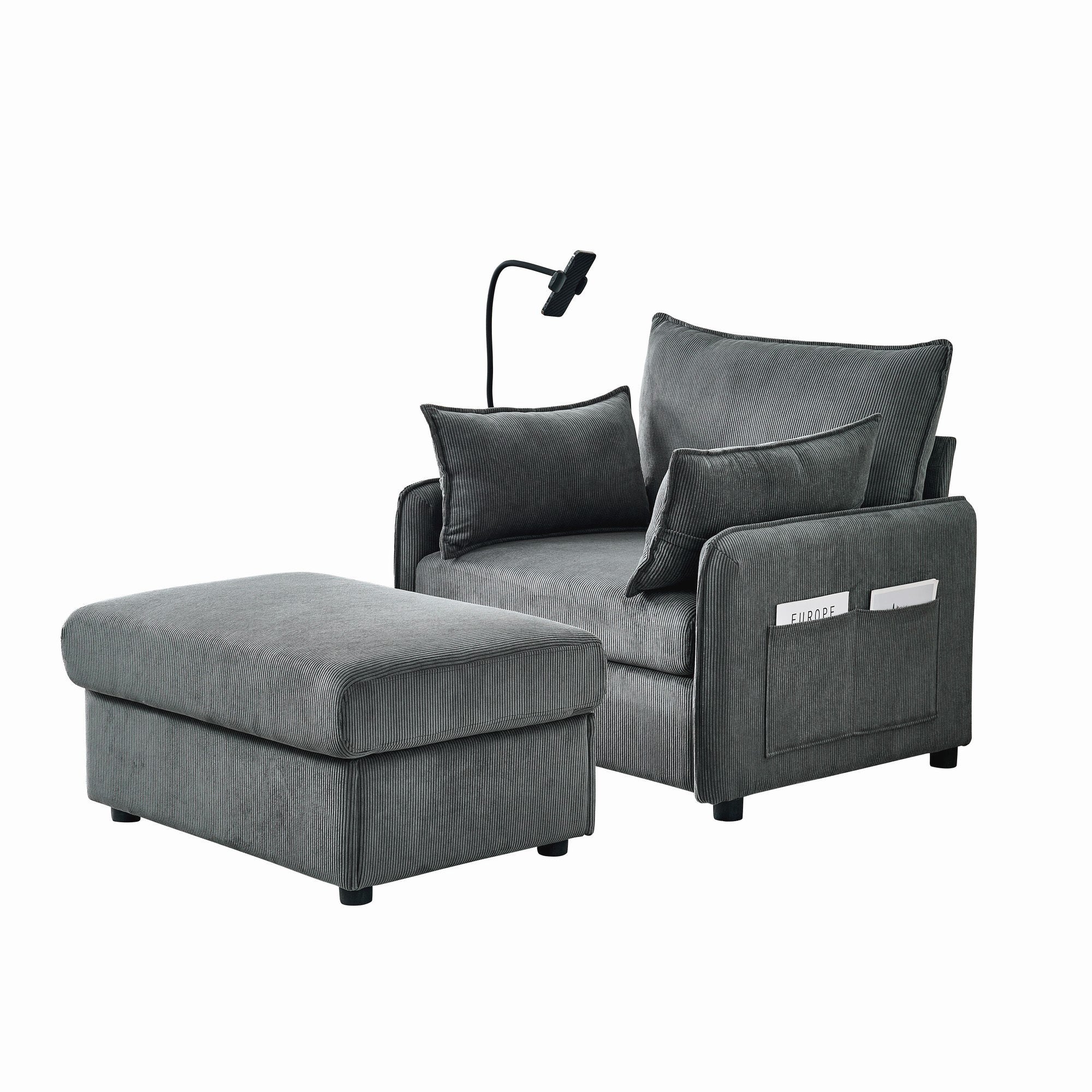 Comfy Corduroy Oversized Chaise Lounge Chair with Ottoman and Storage